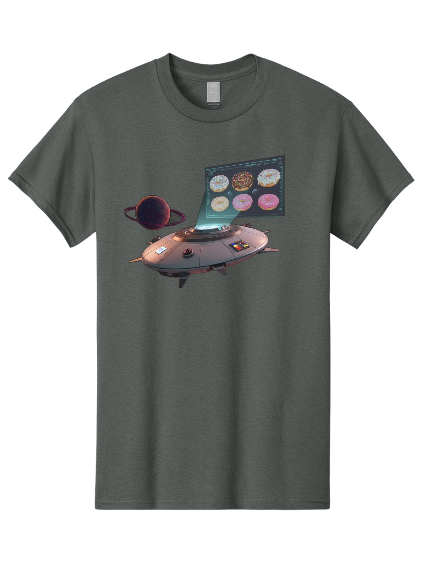 Ufo-Donuts Men'S Graphic Tee, 100% Cotton, Comfortable Casual Summer Wear, Machine Washable, Ufo Spaceship, Donut Menu, Assorted Donuts, Digital Display, Planet, Rings, Futuristic, Outer Space, Sci-Fi, Donuts With Sprinkles, Chocolate Frosting Bac532 14