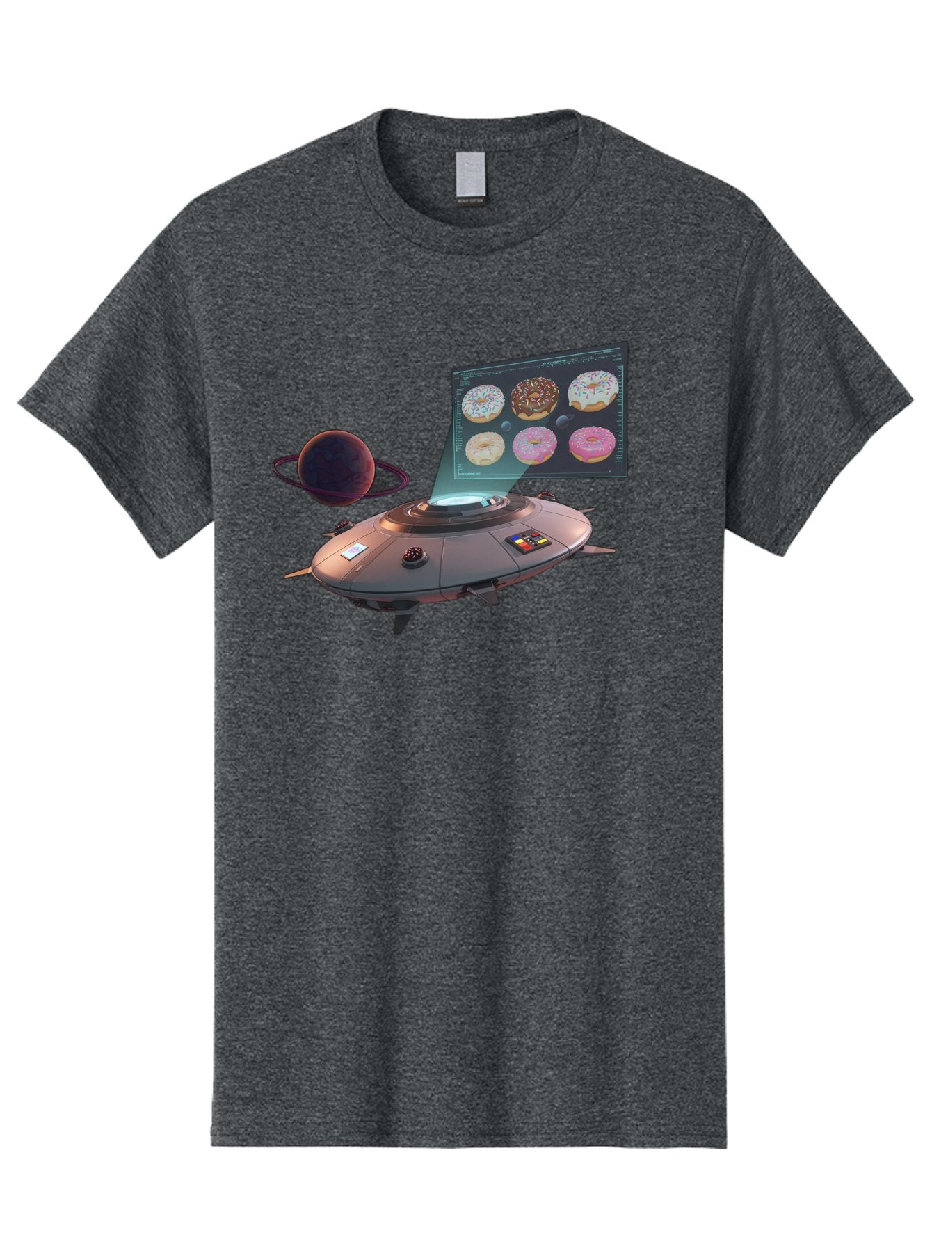 Ufo-Donuts Men'S Graphic Tee, 100% Cotton, Comfortable Casual Summer Wear, Machine Washable, Ufo Spaceship, Donut Menu, Assorted Donuts, Digital Display, Planet, Rings, Futuristic, Outer Space, Sci-Fi, Donuts With Sprinkles, Chocolate Frosting Bac532 13