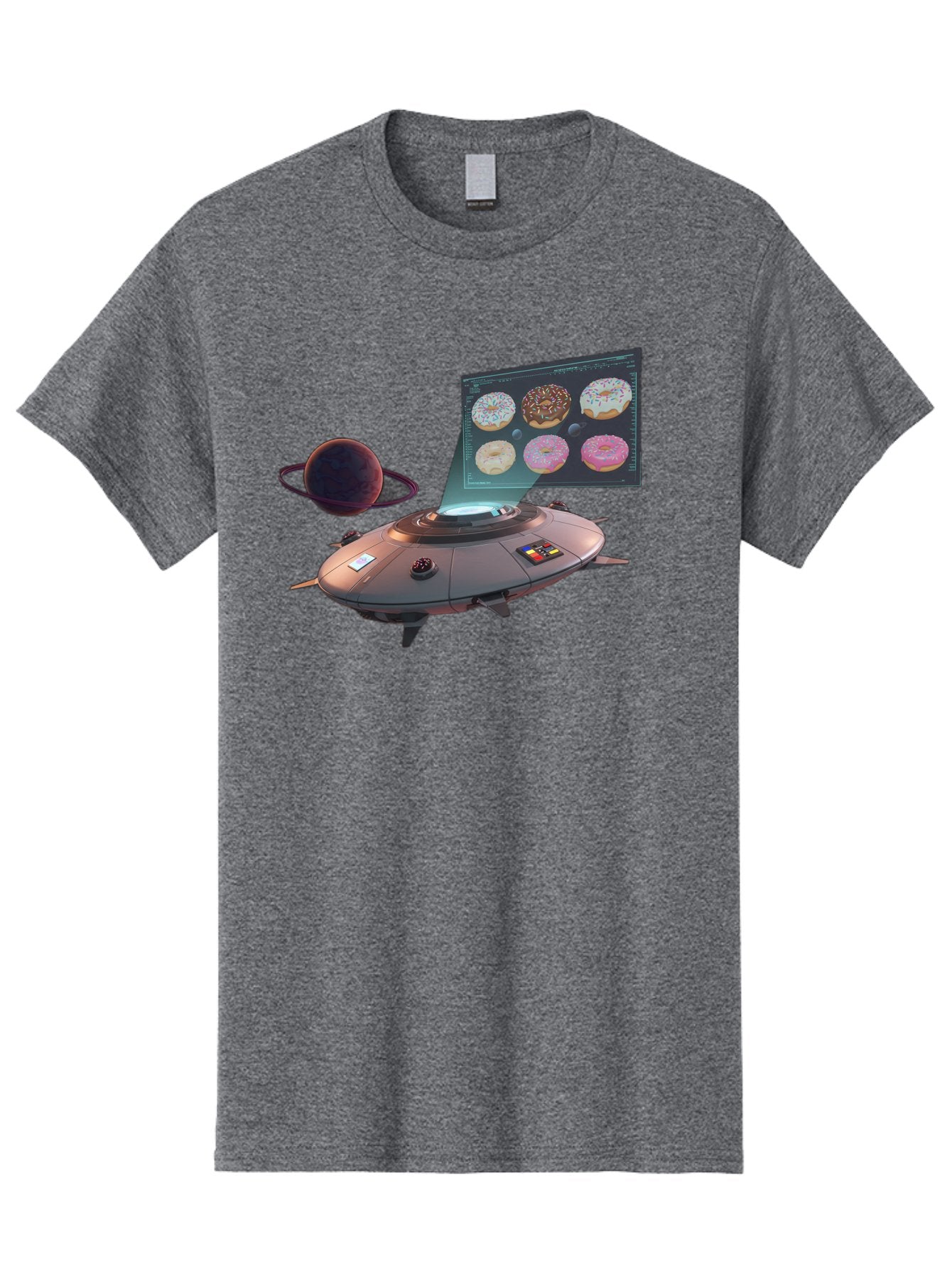 Ufo-Donuts Men'S Graphic Tee, 100% Cotton, Comfortable Casual Summer Wear, Machine Washable, Ufo Spaceship, Donut Menu, Assorted Donuts, Digital Display, Planet, Rings, Futuristic, Outer Space, Sci-Fi, Donuts With Sprinkles, Chocolate Frosting Bac532 6