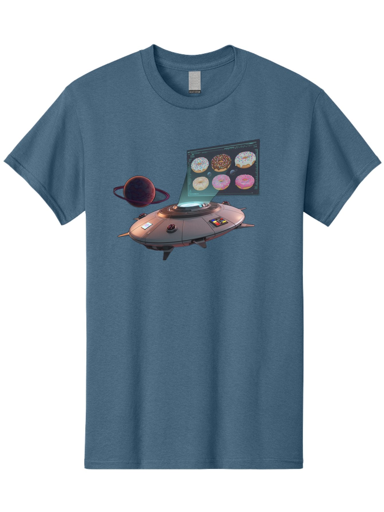 Ufo-Donuts Men'S Graphic Tee, 100% Cotton, Comfortable Casual Summer Wear, Machine Washable, Ufo Spaceship, Donut Menu, Assorted Donuts, Digital Display, Planet, Rings, Futuristic, Outer Space, Sci-Fi, Donuts With Sprinkles, Chocolate Frosting Bac532 4