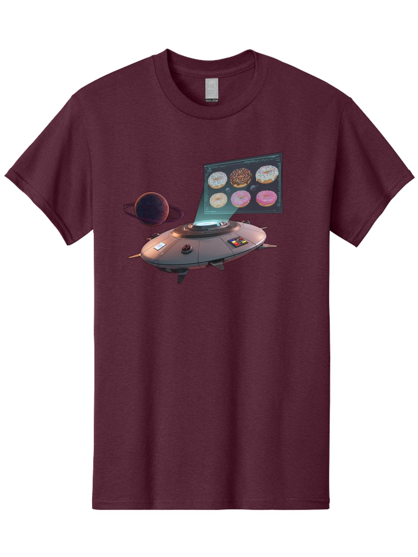 Ufo-Donuts Men'S Graphic Tee, 100% Cotton, Comfortable Casual Summer Wear, Machine Washable, Ufo Spaceship, Donut Menu, Assorted Donuts, Digital Display, Planet, Rings, Futuristic, Outer Space, Sci-Fi, Donuts With Sprinkles, Chocolate Frosting Bac532 7
