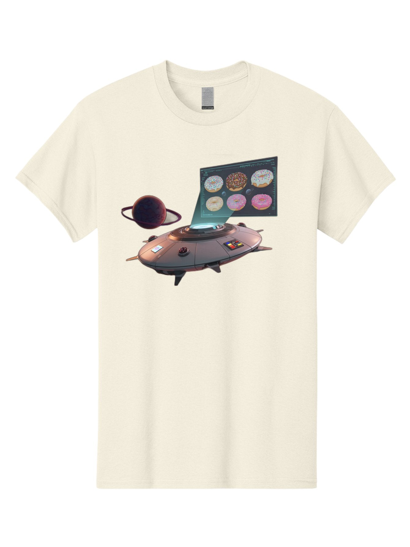 Ufo-Donuts Men'S Graphic Tee, 100% Cotton, Comfortable Casual Summer Wear, Machine Washable, Ufo Spaceship, Donut Menu, Assorted Donuts, Digital Display, Planet, Rings, Futuristic, Outer Space, Sci-Fi, Donuts With Sprinkles, Chocolate Frosting Bac532 10