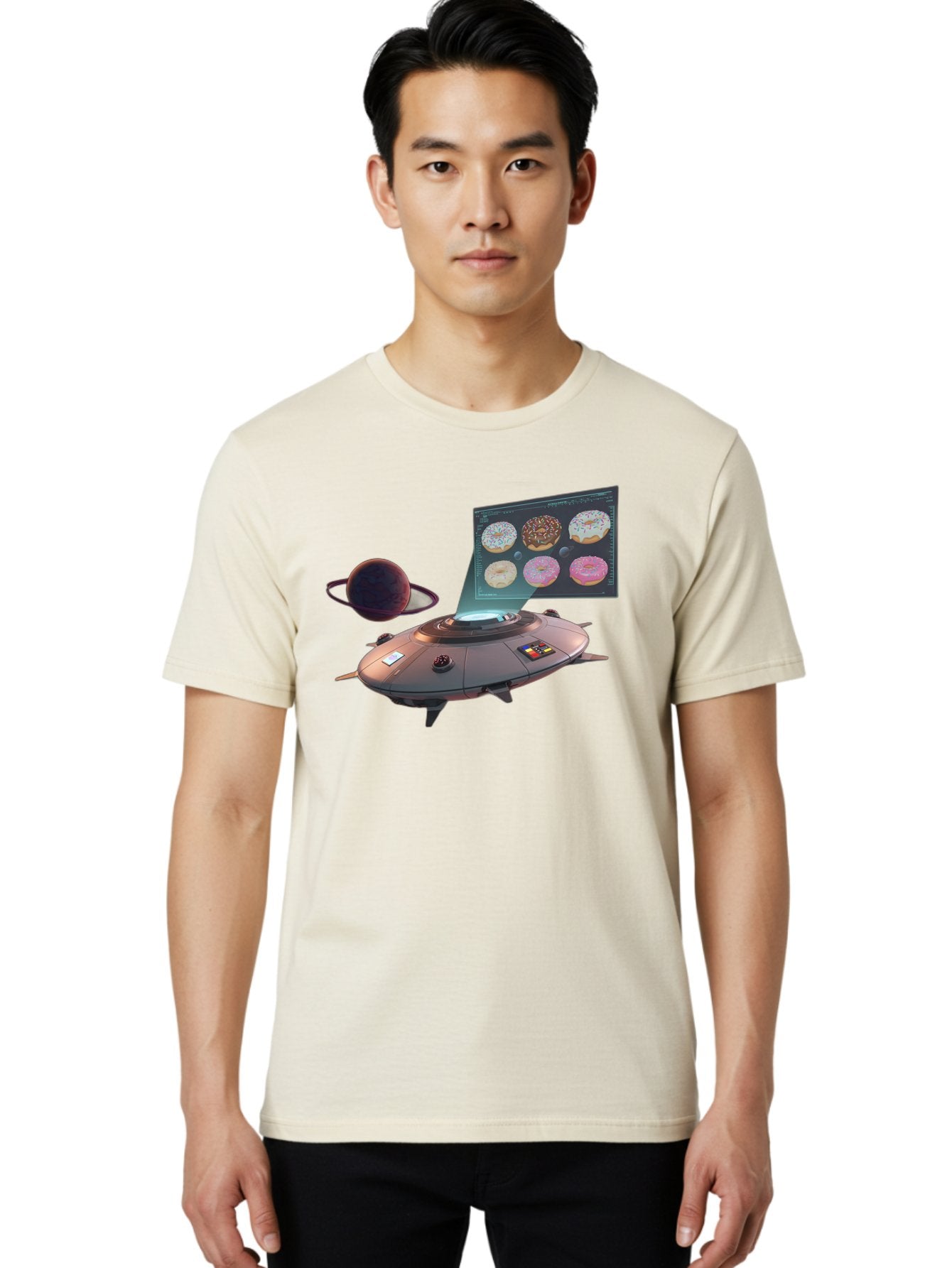 Ufo-Donuts Men'S Graphic Tee, 100% Cotton, Comfortable Casual Summer Wear, Machine Washable, Ufo Spaceship, Donut Menu, Assorted Donuts, Digital Display, Planet, Rings, Futuristic, Outer Space, Sci-Fi, Donuts With Sprinkles, Chocolate Frosting Bac532 17
