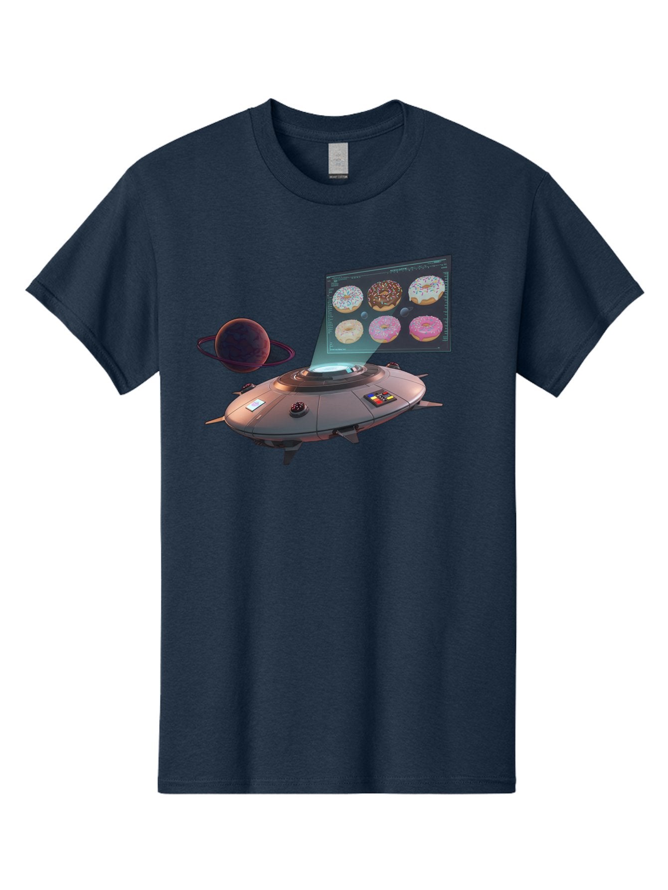 Ufo-Donuts Men'S Graphic Tee, 100% Cotton, Comfortable Casual Summer Wear, Machine Washable, Ufo Spaceship, Donut Menu, Assorted Donuts, Digital Display, Planet, Rings, Futuristic, Outer Space, Sci-Fi, Donuts With Sprinkles, Chocolate Frosting Bac532 11