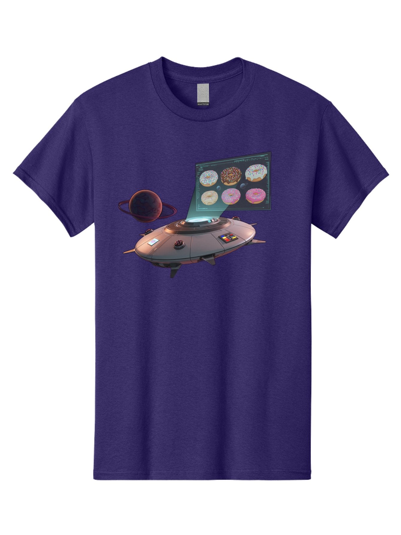 Ufo-Donuts Men'S Graphic Tee, 100% Cotton, Comfortable Casual Summer Wear, Machine Washable, Ufo Spaceship, Donut Menu, Assorted Donuts, Digital Display, Planet, Rings, Futuristic, Outer Space, Sci-Fi, Donuts With Sprinkles, Chocolate Frosting Bac532
