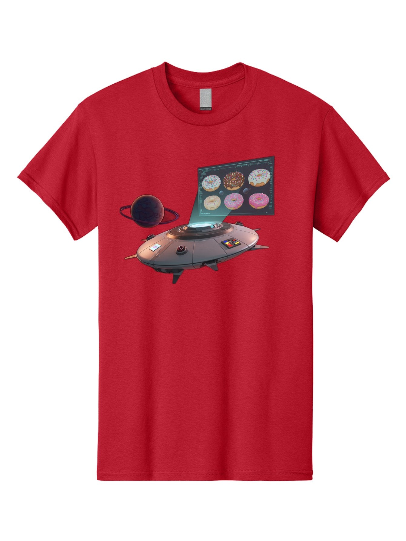 Ufo-Donuts Men'S Graphic Tee, 100% Cotton, Comfortable Casual Summer Wear, Machine Washable, Ufo Spaceship, Donut Menu, Assorted Donuts, Digital Display, Planet, Rings, Futuristic, Outer Space, Sci-Fi, Donuts With Sprinkles, Chocolate Frosting Bac532 12
