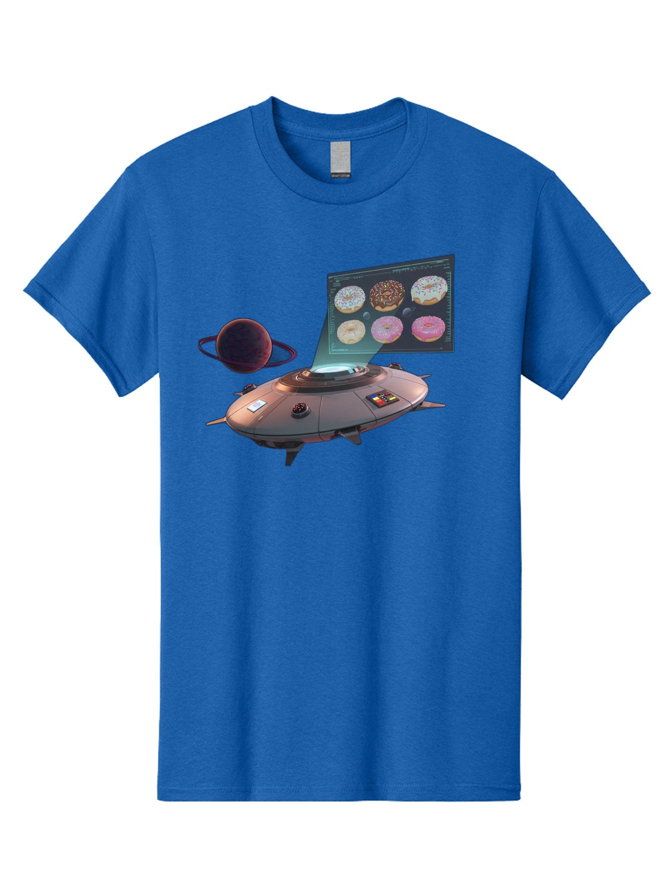 Ufo-Donuts Men'S Graphic Tee, 100% Cotton, Comfortable Casual Summer Wear, Machine Washable, Ufo Spaceship, Donut Menu, Assorted Donuts, Digital Display, Planet, Rings, Futuristic, Outer Space, Sci-Fi, Donuts With Sprinkles, Chocolate Frosting Bac532 15