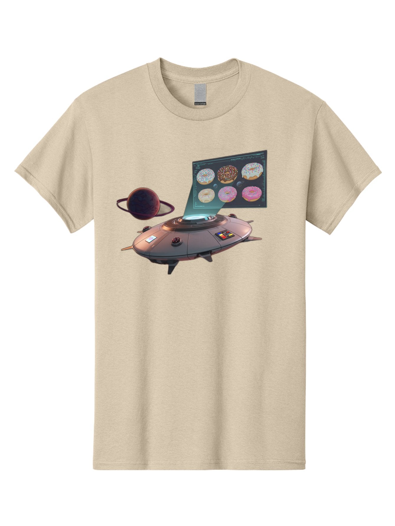 Ufo-Donuts Men'S Graphic Tee, 100% Cotton, Comfortable Casual Summer Wear, Machine Washable, Ufo Spaceship, Donut Menu, Assorted Donuts, Digital Display, Planet, Rings, Futuristic, Outer Space, Sci-Fi, Donuts With Sprinkles, Chocolate Frosting Bac532