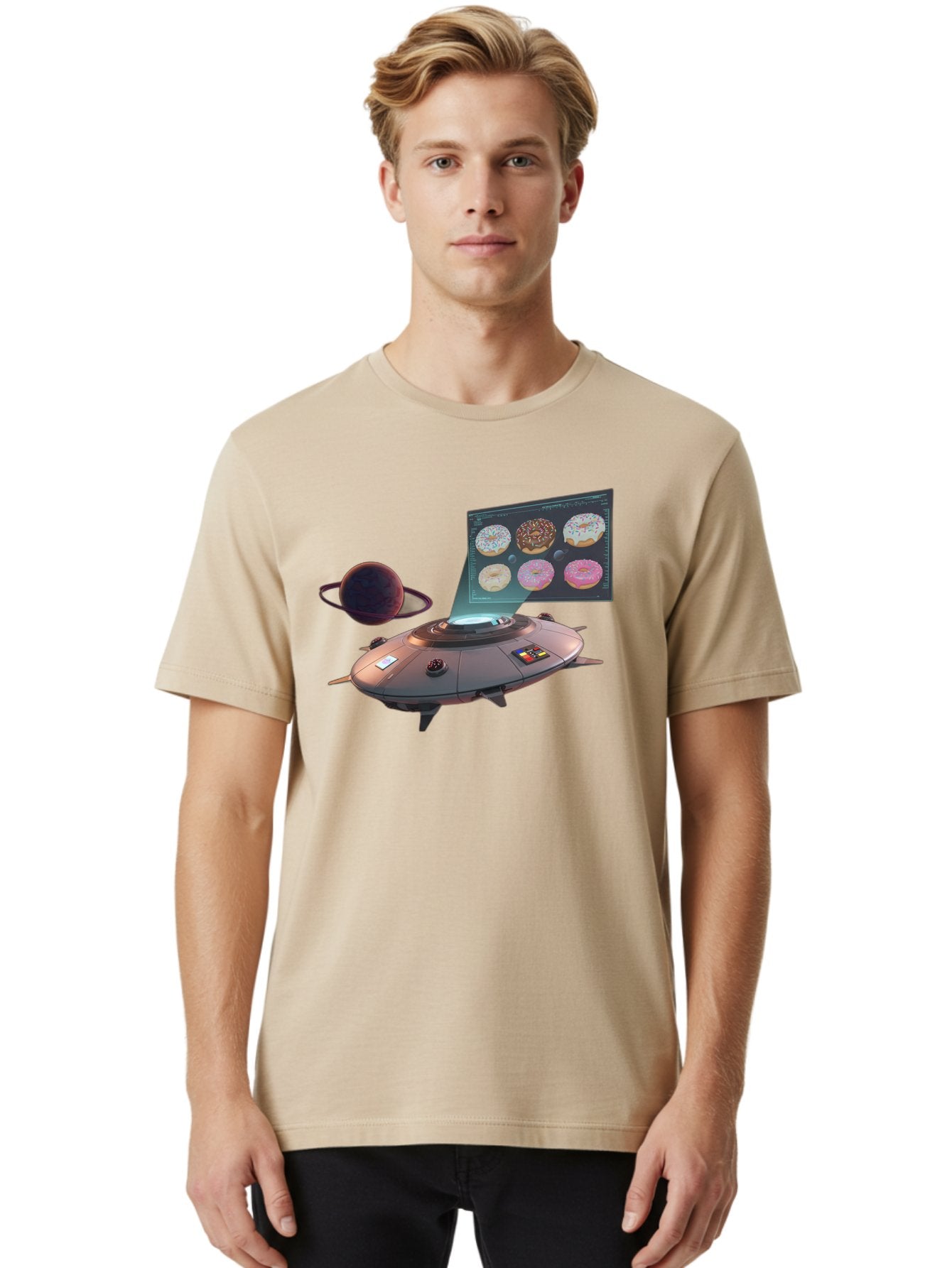 Ufo-Donuts Men'S Graphic Tee, 100% Cotton, Comfortable Casual Summer Wear, Machine Washable, Ufo Spaceship, Donut Menu, Assorted Donuts, Digital Display, Planet, Rings, Futuristic, Outer Space, Sci-Fi, Donuts With Sprinkles, Chocolate Frosting Bac532 19