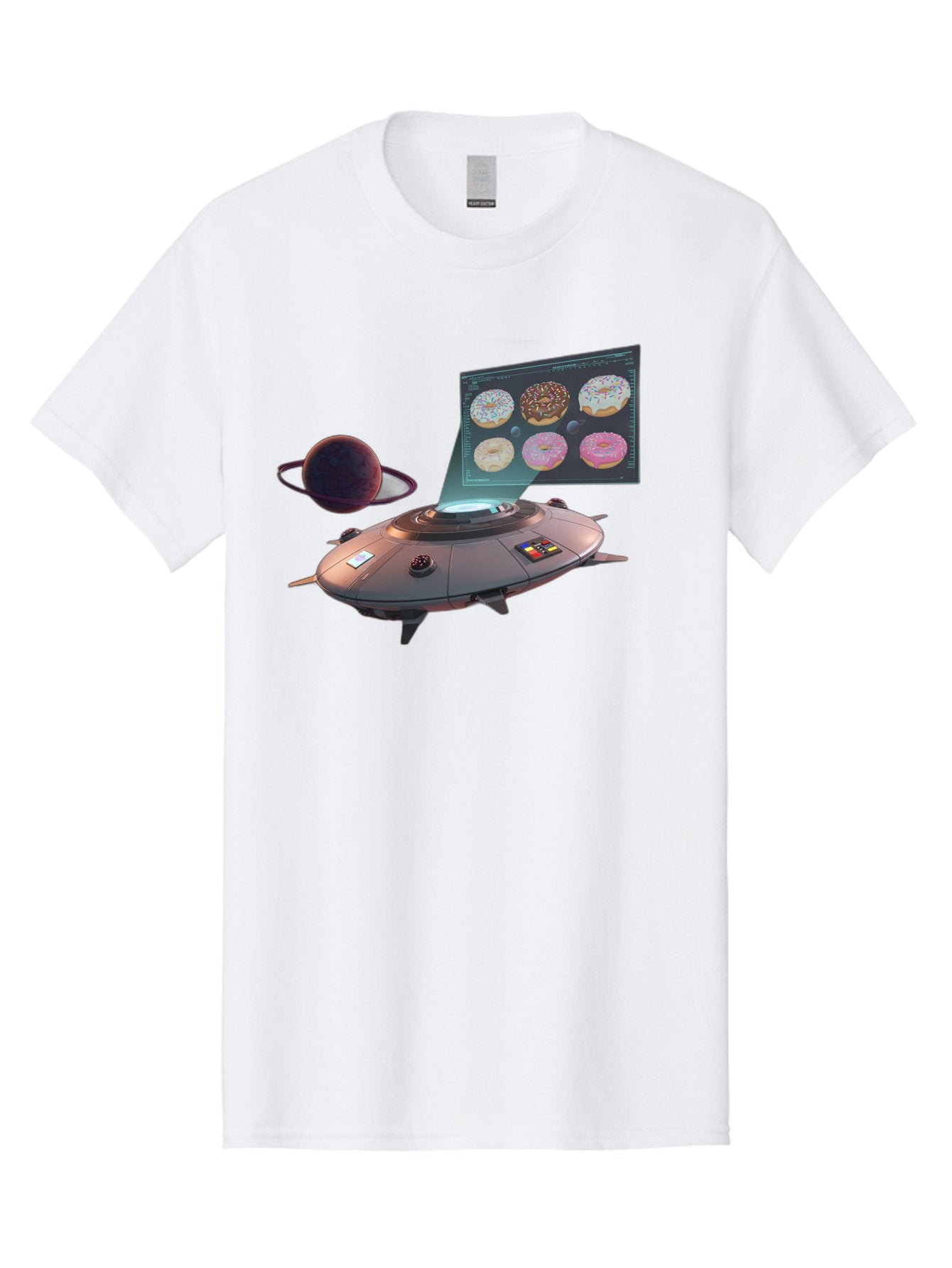 Ufo-Donuts Men'S Graphic Tee, 100% Cotton, Comfortable Casual Summer Wear, Machine Washable, Ufo Spaceship, Donut Menu, Assorted Donuts, Digital Display, Planet, Rings, Futuristic, Outer Space, Sci-Fi, Donuts With Sprinkles, Chocolate Frosting Bac532 3