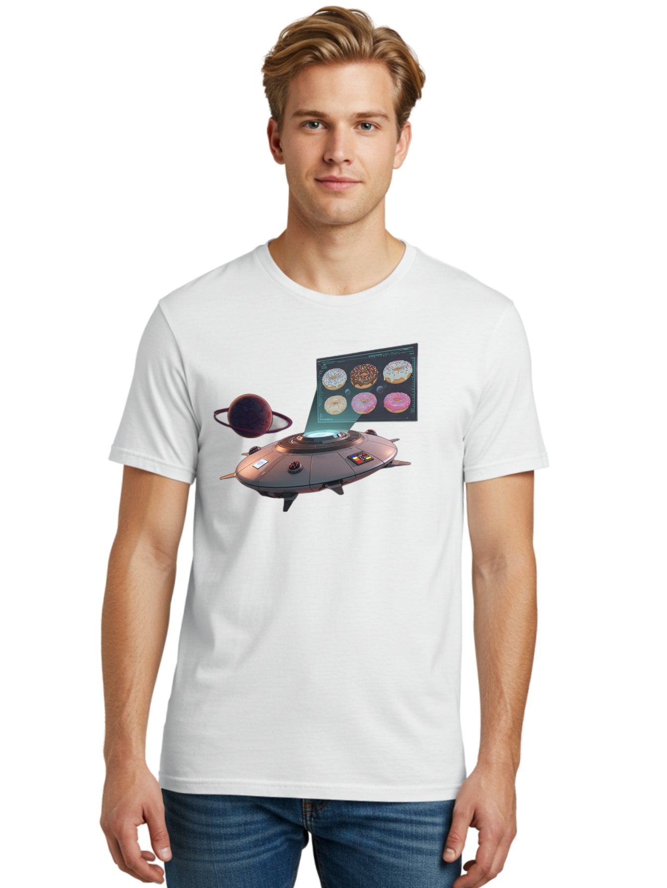 Ufo-Donuts Men'S Graphic Tee, 100% Cotton, Comfortable Casual Summer Wear, Machine Washable, Ufo Spaceship, Donut Menu, Assorted Donuts, Digital Display, Planet, Rings, Futuristic, Outer Space, Sci-Fi, Donuts With Sprinkles, Chocolate Frosting Bac532 22