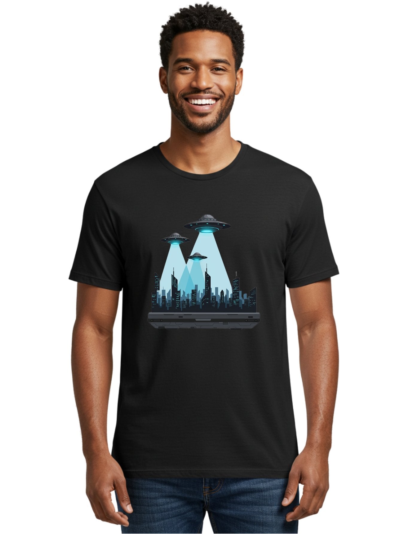 Ufo-Invasion-1 Men'S Graphic Tee, 100% Cotton, Comfortable Casual Summer Wear, Machine Washable, Ufos Over City, Alien Invasion, Science Fiction, Futuristic Cityscape, Extraterrestrial Visitation, Urban Landscape, Mysterious Lights, Bac533 28