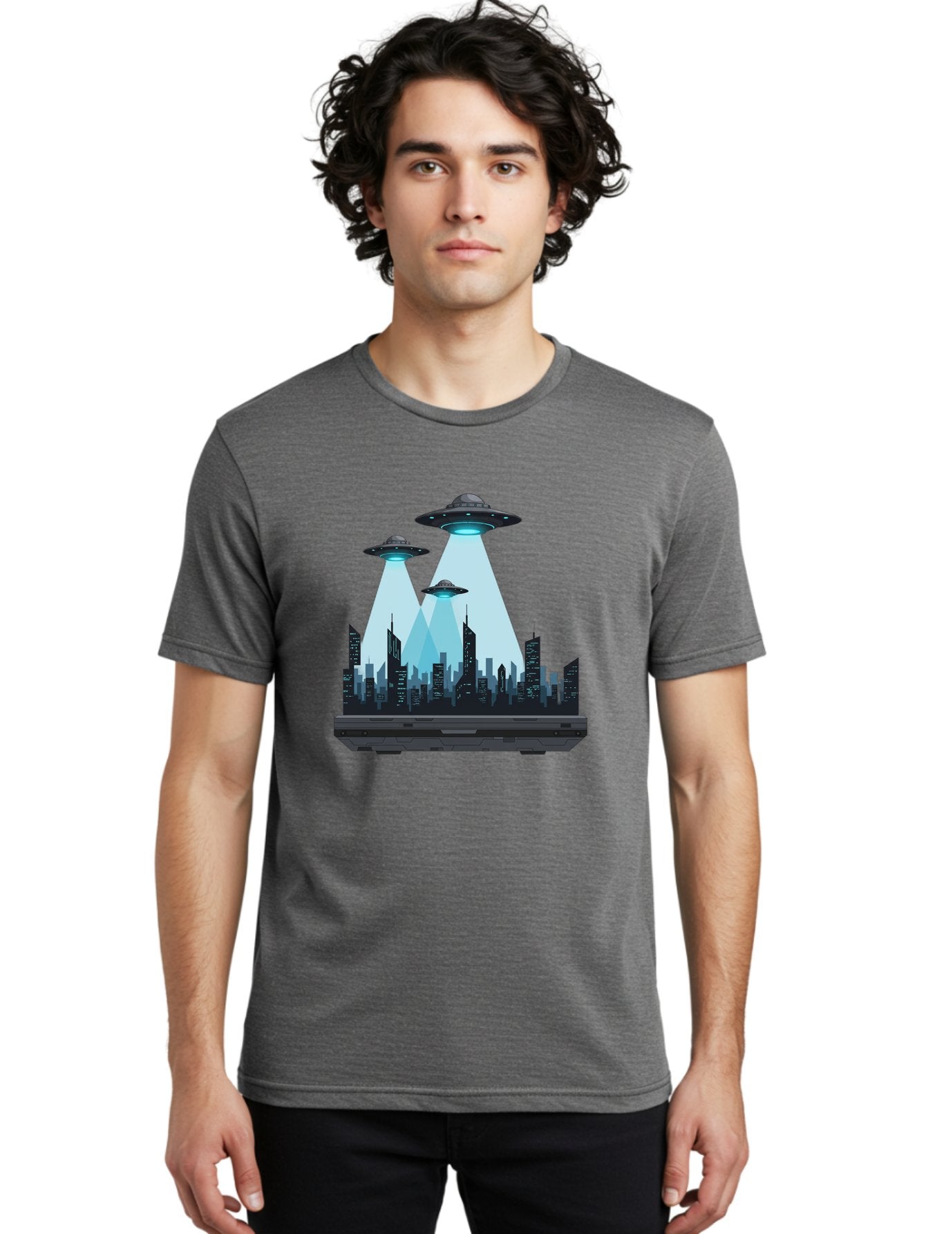 Ufo-Invasion-1 Men'S Graphic Tee, 100% Cotton, Comfortable Casual Summer Wear, Machine Washable, Ufos Over City, Alien Invasion, Science Fiction, Futuristic Cityscape, Extraterrestrial Visitation, Urban Landscape, Mysterious Lights, Bac533 19