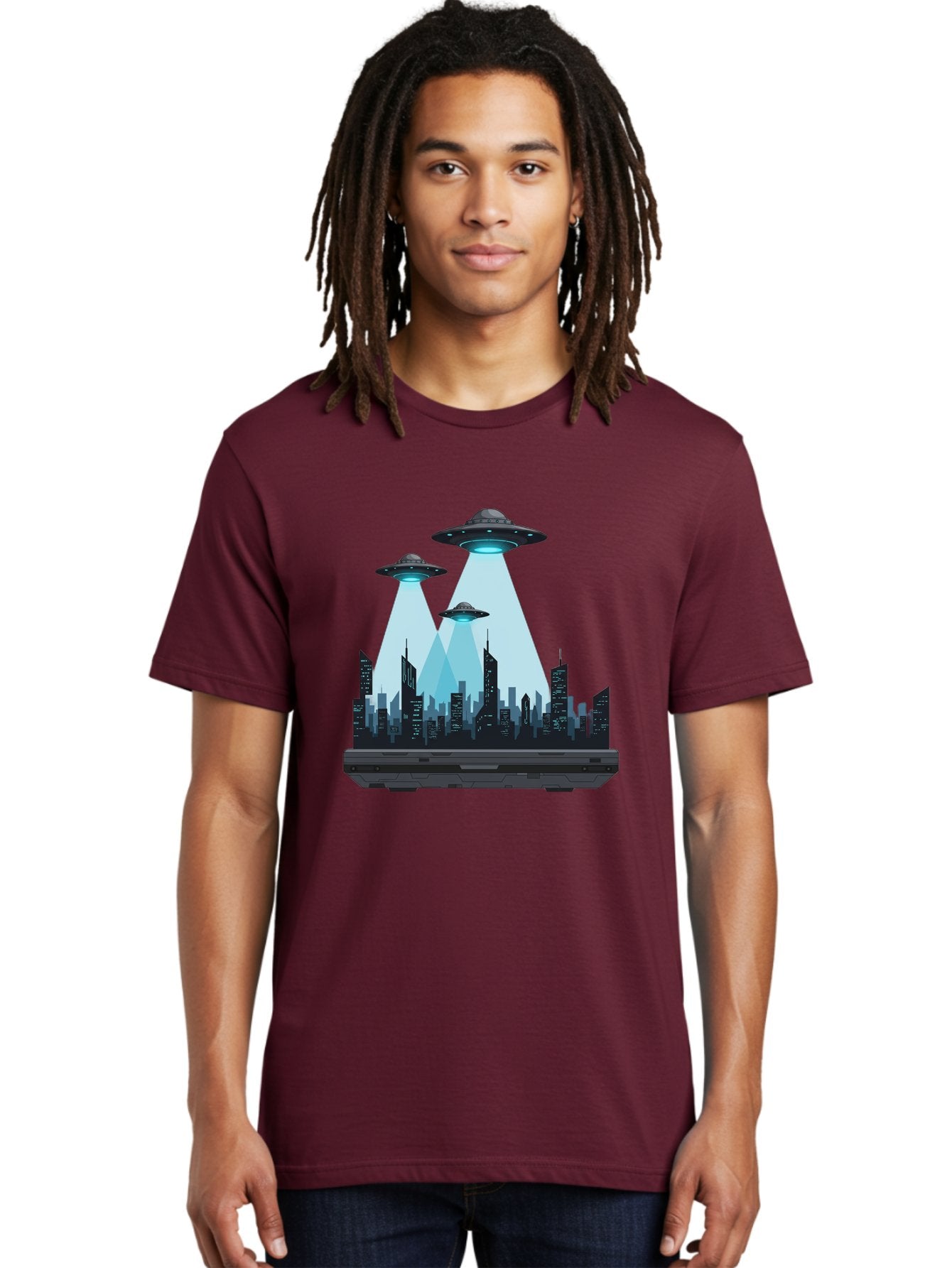 Ufo-Invasion-1 Men'S Graphic Tee, 100% Cotton, Comfortable Casual Summer Wear, Machine Washable, Ufos Over City, Alien Invasion, Science Fiction, Futuristic Cityscape, Extraterrestrial Visitation, Urban Landscape, Mysterious Lights, Bac533 26