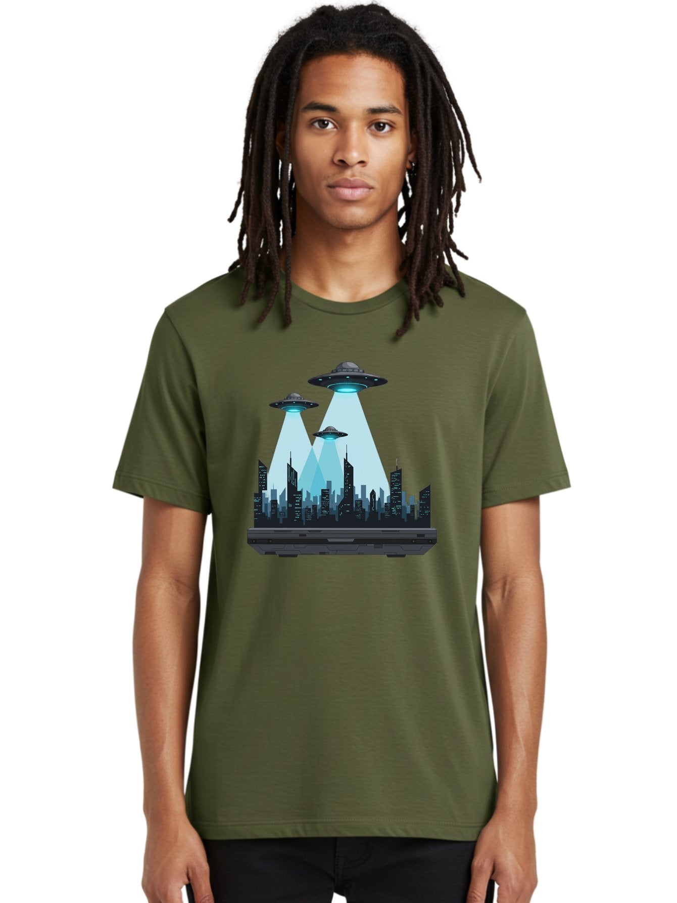 Ufo-Invasion-1 Men'S Graphic Tee, 100% Cotton, Comfortable Casual Summer Wear, Machine Washable, Ufos Over City, Alien Invasion, Science Fiction, Futuristic Cityscape, Extraterrestrial Visitation, Urban Landscape, Mysterious Lights, Bac533 16
