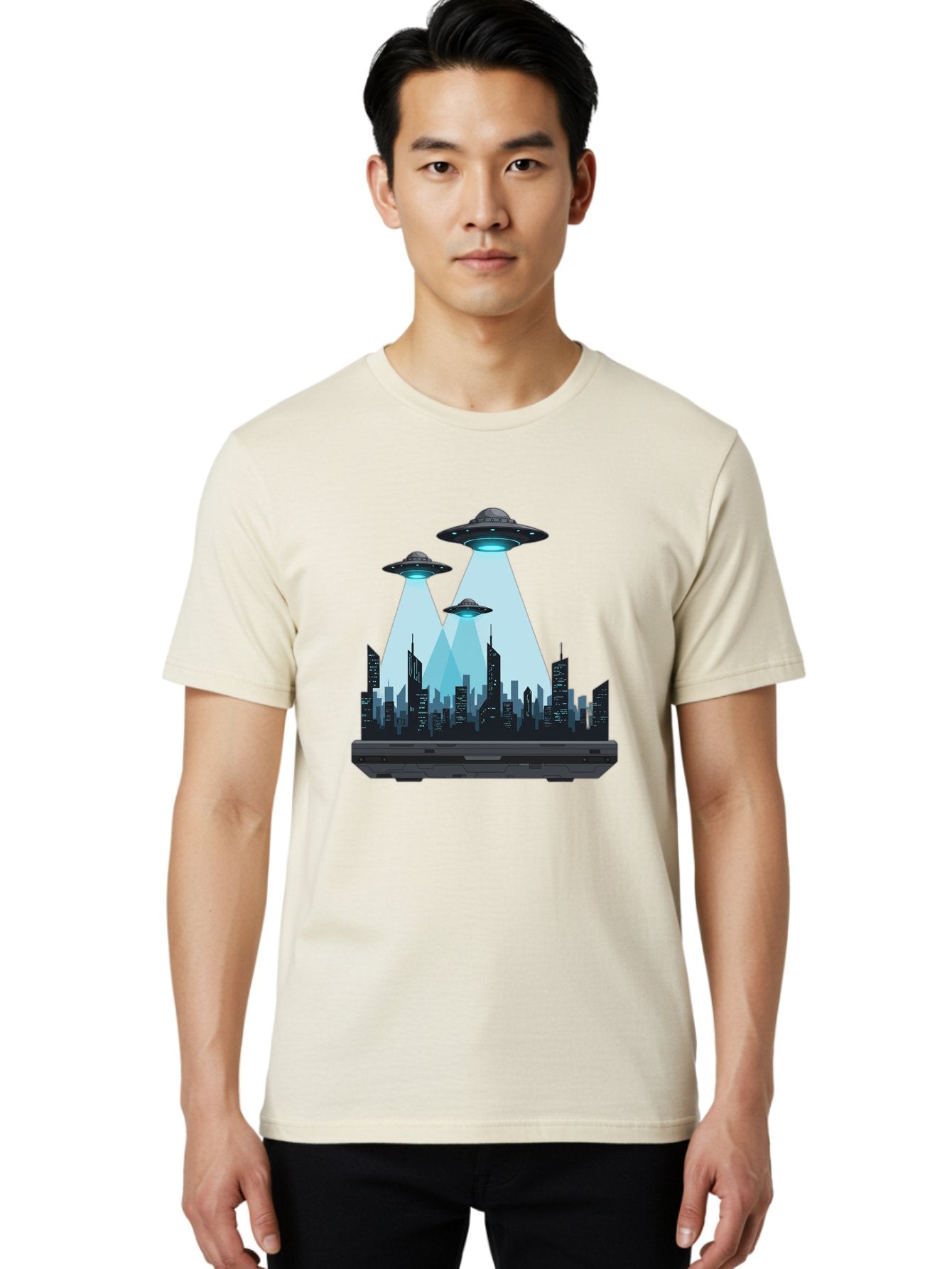 Ufo-Invasion-1 Men'S Graphic Tee, 100% Cotton, Comfortable Casual Summer Wear, Machine Washable, Ufos Over City, Alien Invasion, Science Fiction, Futuristic Cityscape, Extraterrestrial Visitation, Urban Landscape, Mysterious Lights, Bac533 25