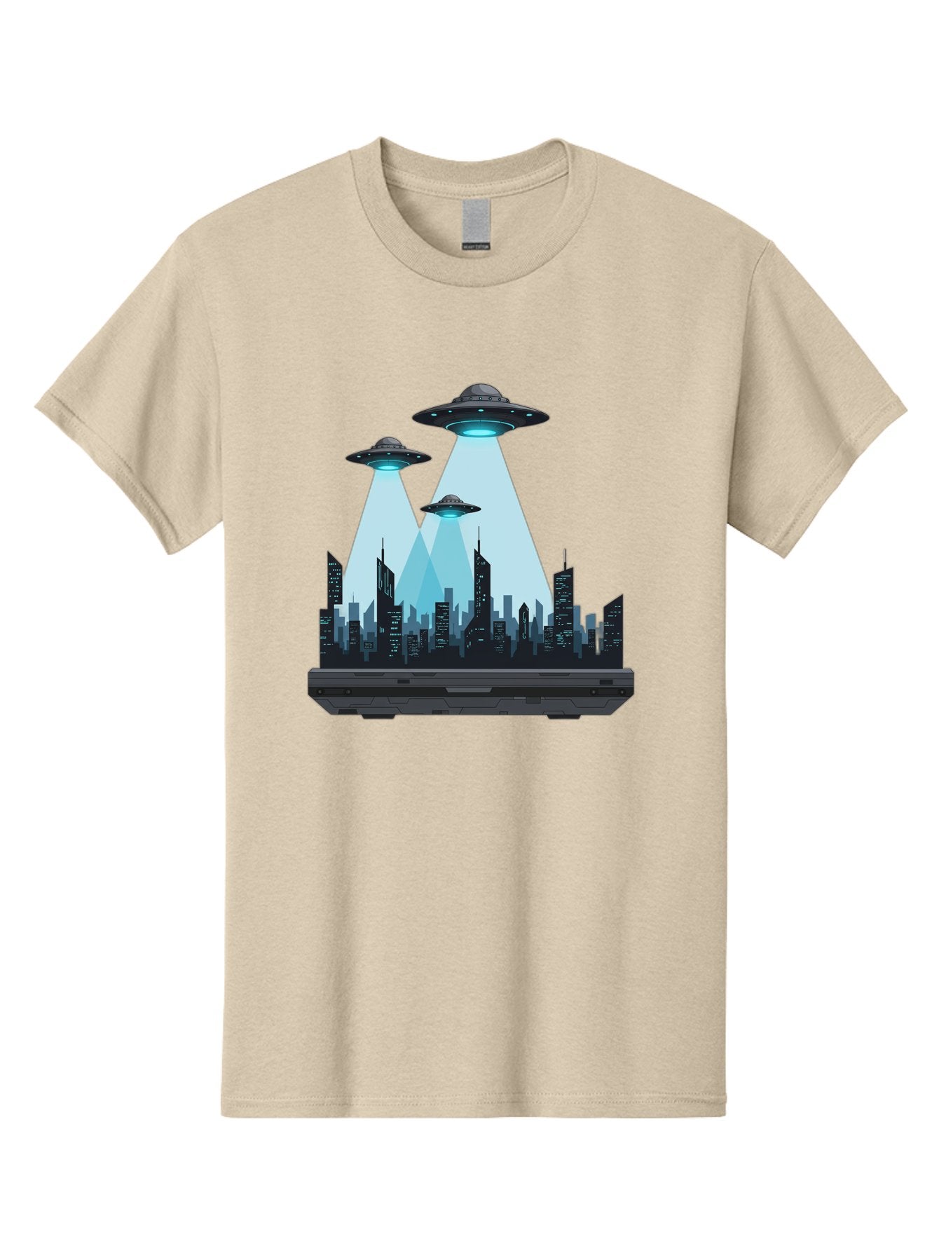Ufo-Invasion-1 Men'S Graphic Tee, 100% Cotton, Comfortable Casual Summer Wear, Machine Washable, Ufos Over City, Alien Invasion, Science Fiction, Futuristic Cityscape, Extraterrestrial Visitation, Urban Landscape, Mysterious Lights, Bac533 4