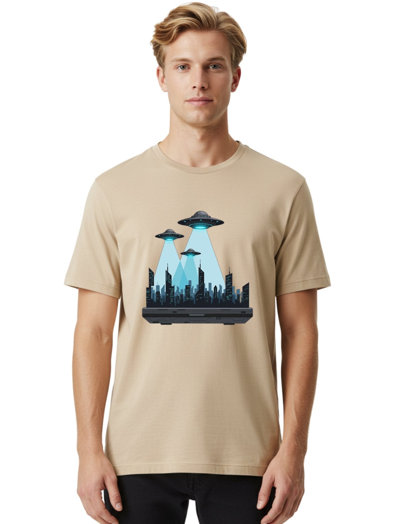 Ufo-Invasion-1 Men'S Graphic Tee, 100% Cotton, Comfortable Casual Summer Wear, Machine Washable, Ufos Over City, Alien Invasion, Science Fiction, Futuristic Cityscape, Extraterrestrial Visitation, Urban Landscape, Mysterious Lights, Bac533 18