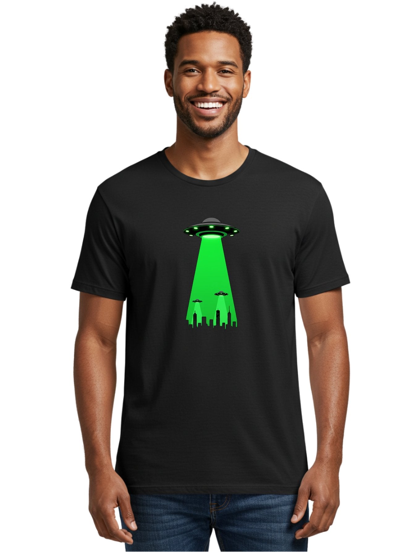 Ufo-Invasion Men'S Graphic Tee, 100% Cotton, Comfortable Casual Summer Wear, Machine Washable, Ufo, Unidentified Flying Object, Alien Spacecraft, Cityscape, Skyscrapers, Mysterious Lights, Extraterrestrial Life, Science Fiction, Bac534 26