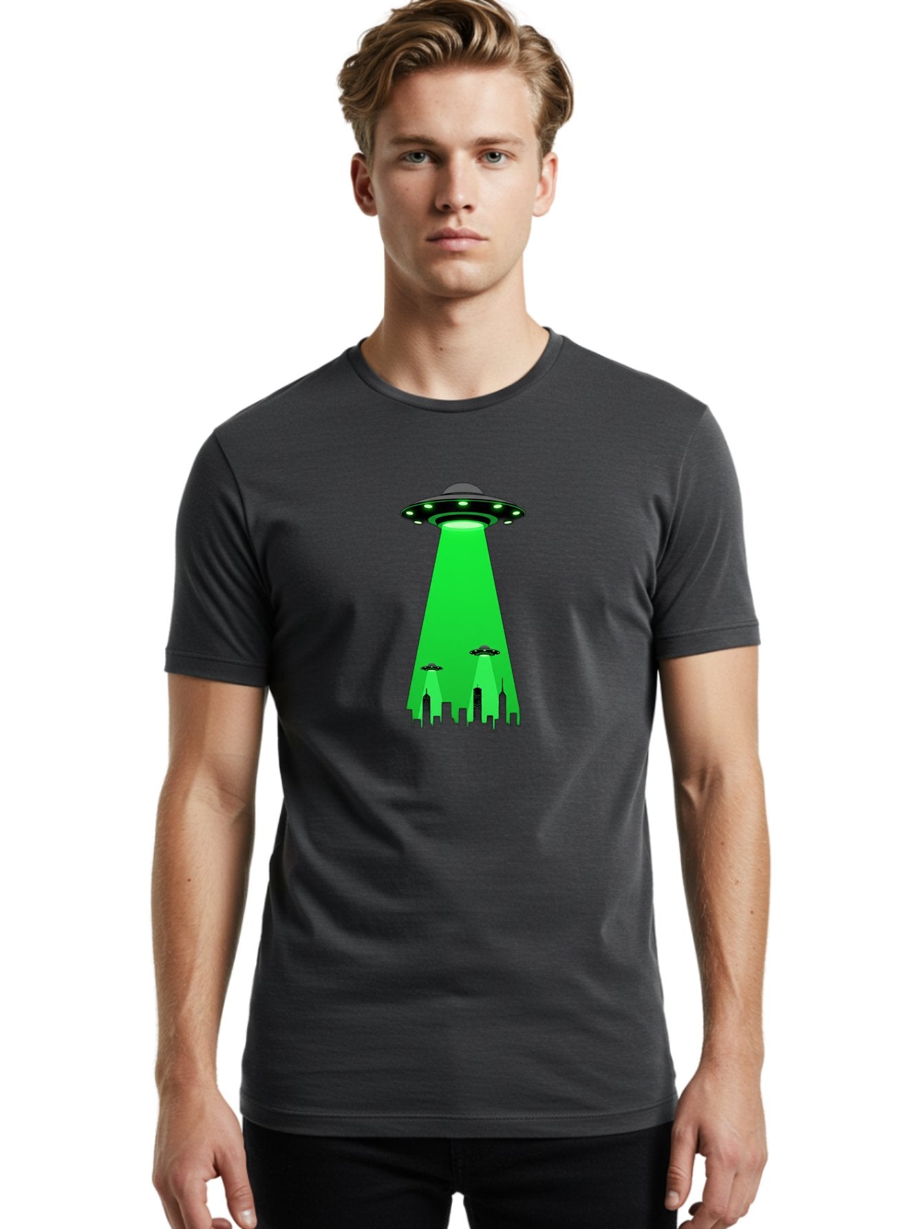 Ufo-Invasion Men'S Graphic Tee, 100% Cotton, Comfortable Casual Summer Wear, Machine Washable, Ufo, Unidentified Flying Object, Alien Spacecraft, Cityscape, Skyscrapers, Mysterious Lights, Extraterrestrial Life, Science Fiction, Bac534 27