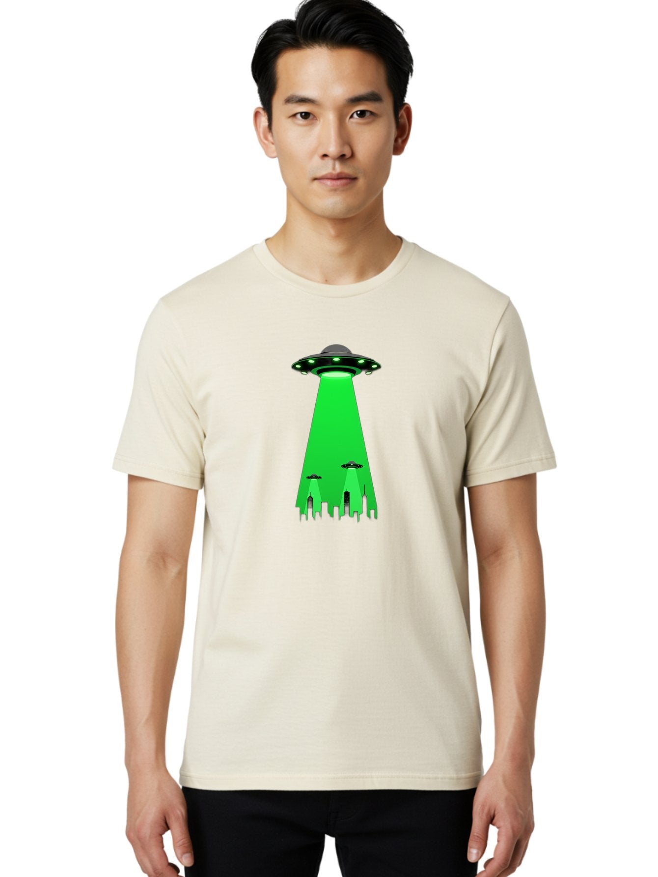 Ufo-Invasion Men'S Graphic Tee, 100% Cotton, Comfortable Casual Summer Wear, Machine Washable, Ufo, Unidentified Flying Object, Alien Spacecraft, Cityscape, Skyscrapers, Mysterious Lights, Extraterrestrial Life, Science Fiction, Bac534 24