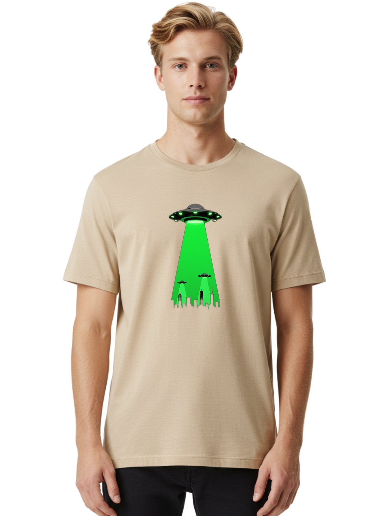 Ufo-Invasion Men'S Graphic Tee, 100% Cotton, Comfortable Casual Summer Wear, Machine Washable, Ufo, Unidentified Flying Object, Alien Spacecraft, Cityscape, Skyscrapers, Mysterious Lights, Extraterrestrial Life, Science Fiction, Bac534 30