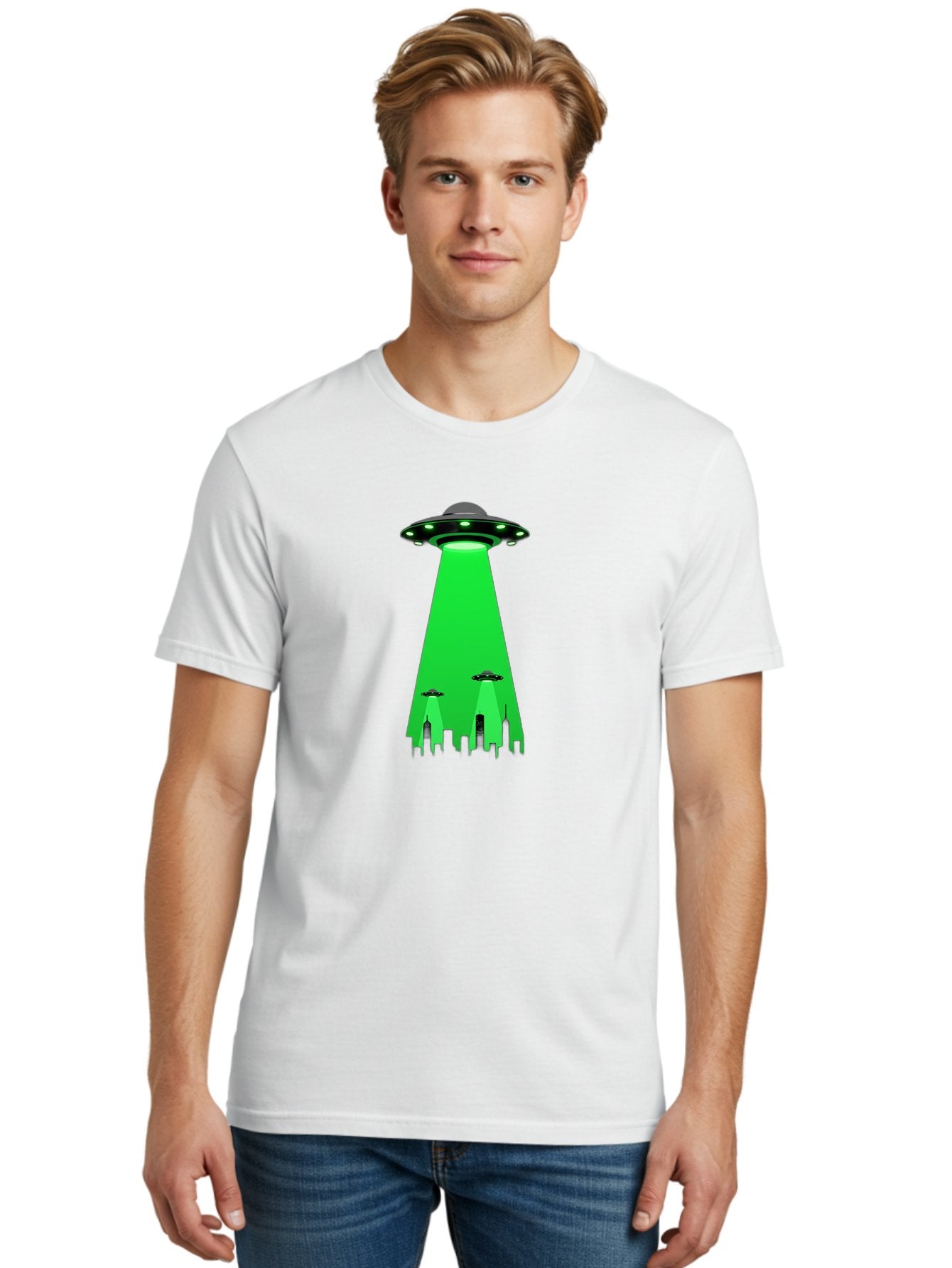Ufo-Invasion Men'S Graphic Tee, 100% Cotton, Comfortable Casual Summer Wear, Machine Washable, Ufo, Unidentified Flying Object, Alien Spacecraft, Cityscape, Skyscrapers, Mysterious Lights, Extraterrestrial Life, Science Fiction, Bac534 23