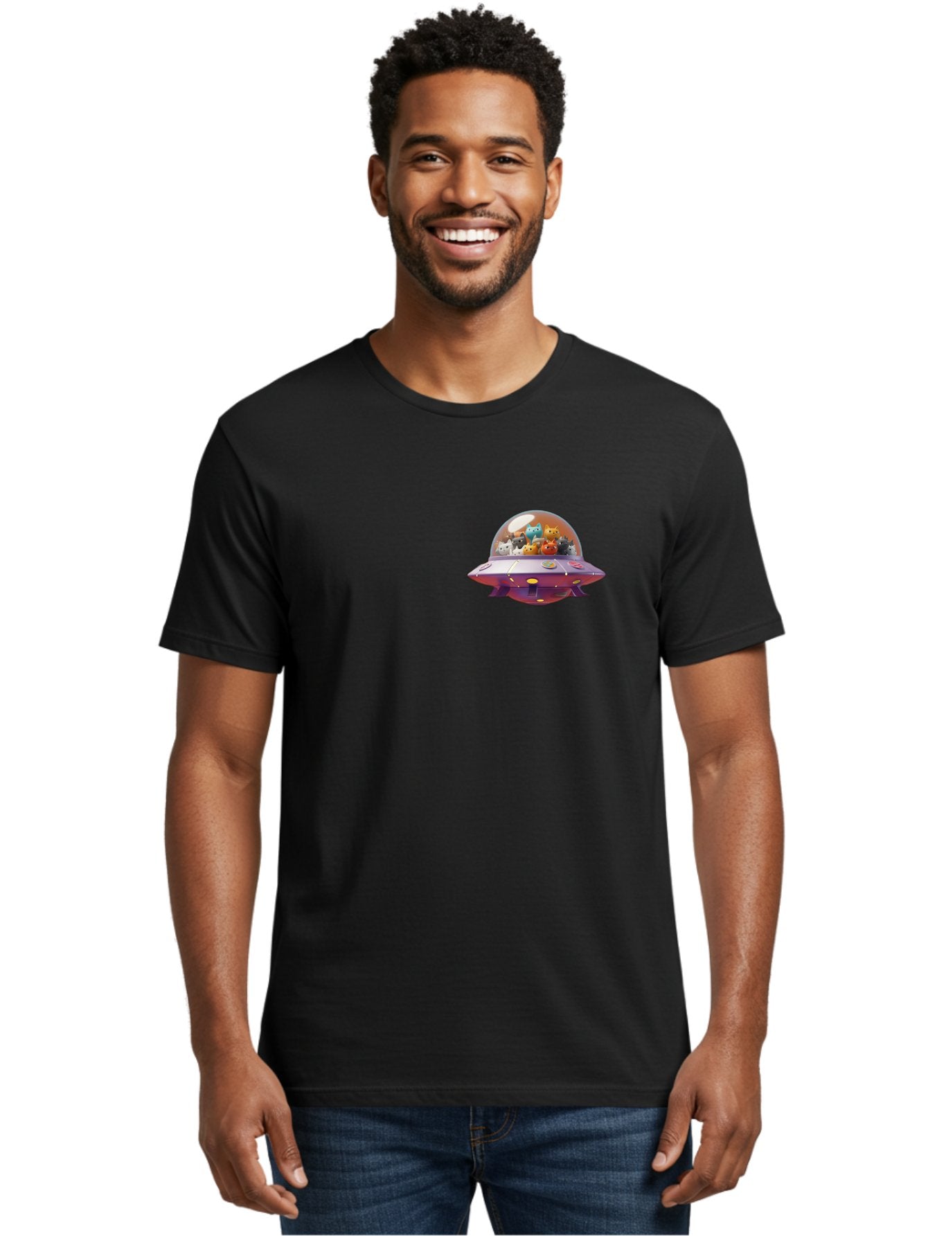 Ufo-With-Cats Men'S Graphic Tee, 100% Cotton, Comfortable Casual Summer Wear, Machine Washable, Ufo, Flying Saucer, Cartoon Style, Teddy Bears, Soft Toys, Purple Spaceship, Colorful, Adorable, Whimsical, Playful, Digital Art, Illustration, Bac537 30