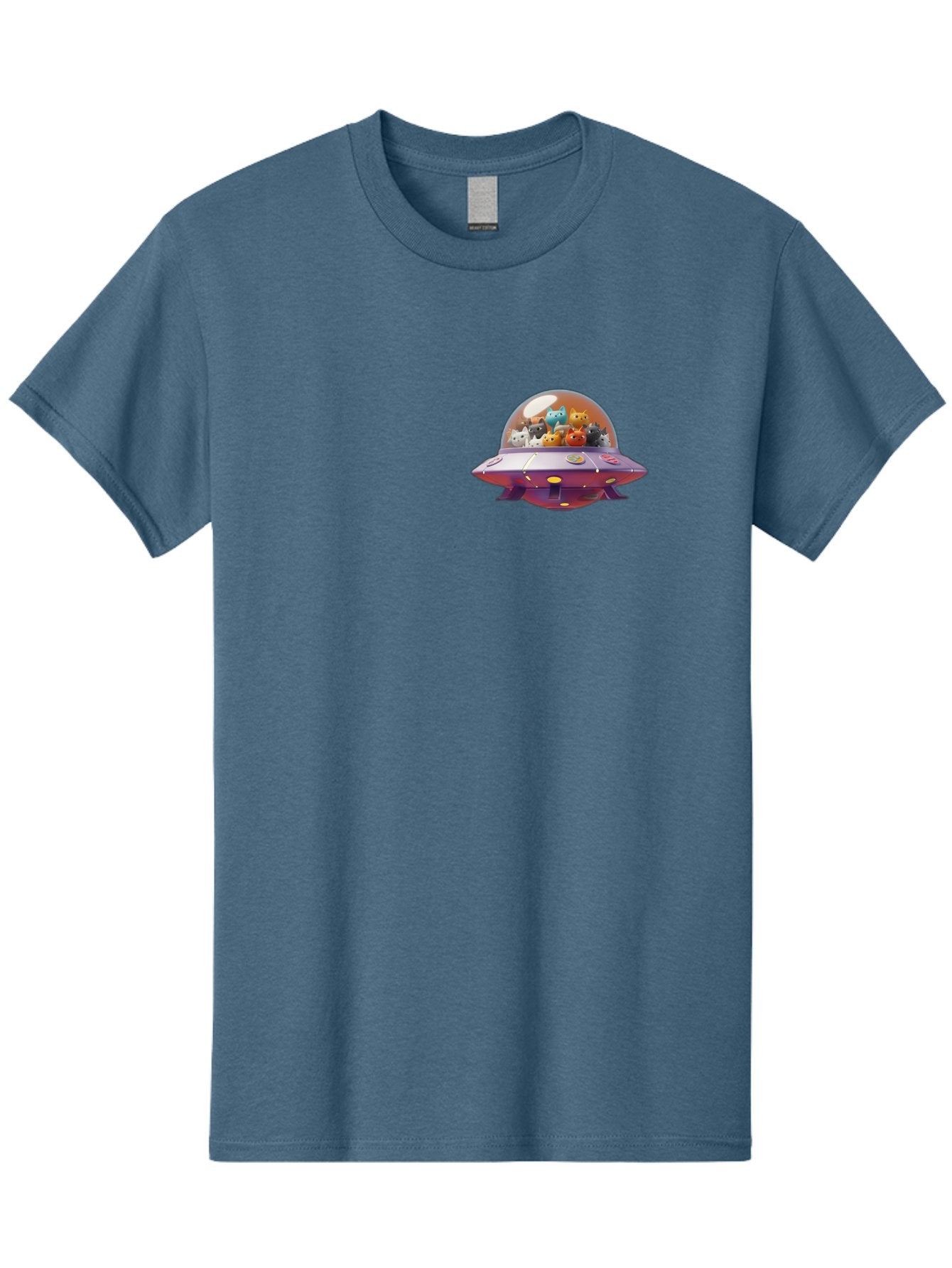 Ufo-With-Cats Men'S Graphic Tee, 100% Cotton, Comfortable Casual Summer Wear, Machine Washable, Ufo, Flying Saucer, Cartoon Style, Teddy Bears, Soft Toys, Purple Spaceship, Colorful, Adorable, Whimsical, Playful, Digital Art, Illustration, Bac537 4