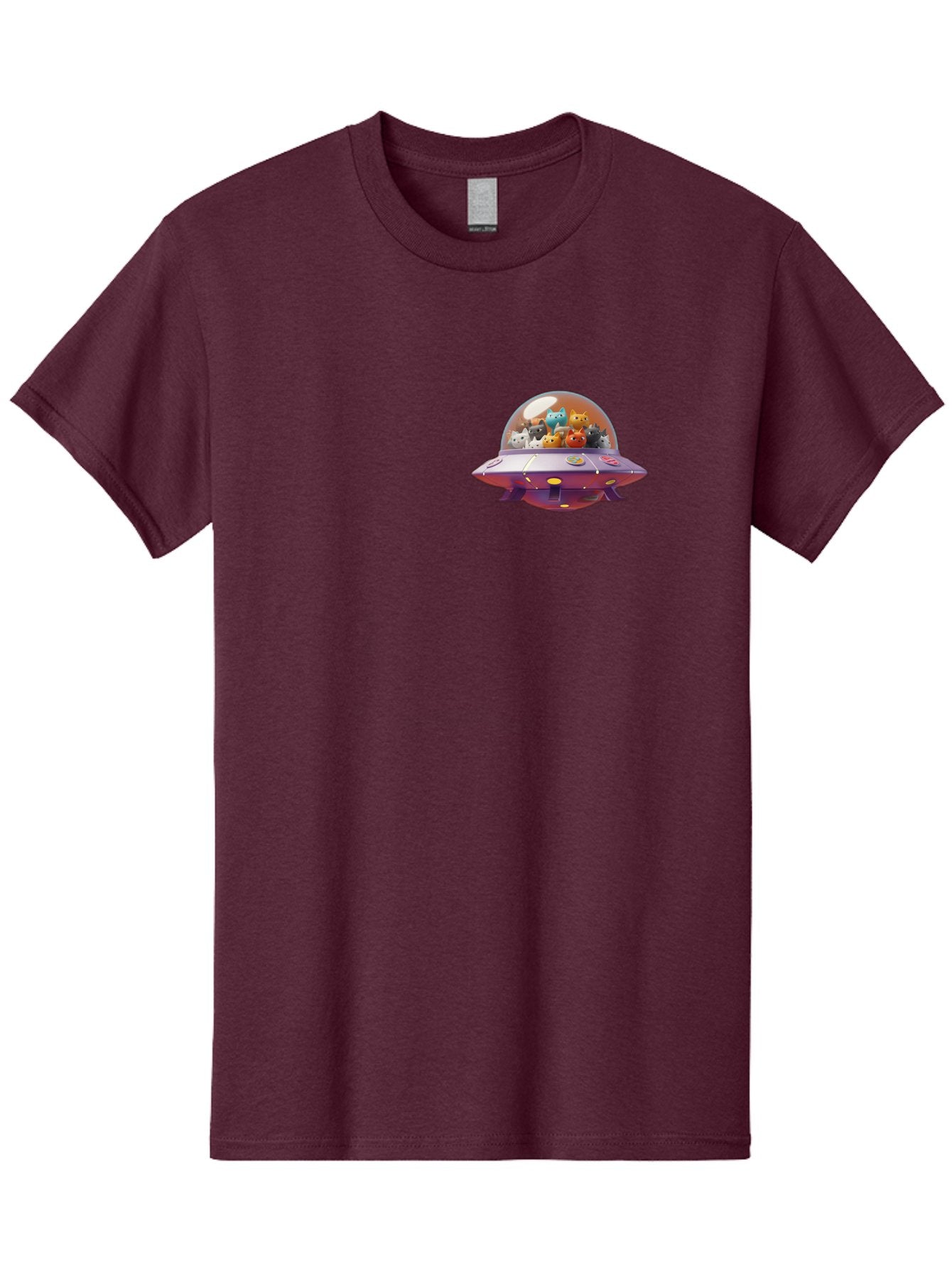 Ufo-With-Cats Men'S Graphic Tee, 100% Cotton, Comfortable Casual Summer Wear, Machine Washable, Ufo, Flying Saucer, Cartoon Style, Teddy Bears, Soft Toys, Purple Spaceship, Colorful, Adorable, Whimsical, Playful, Digital Art, Illustration, Bac537