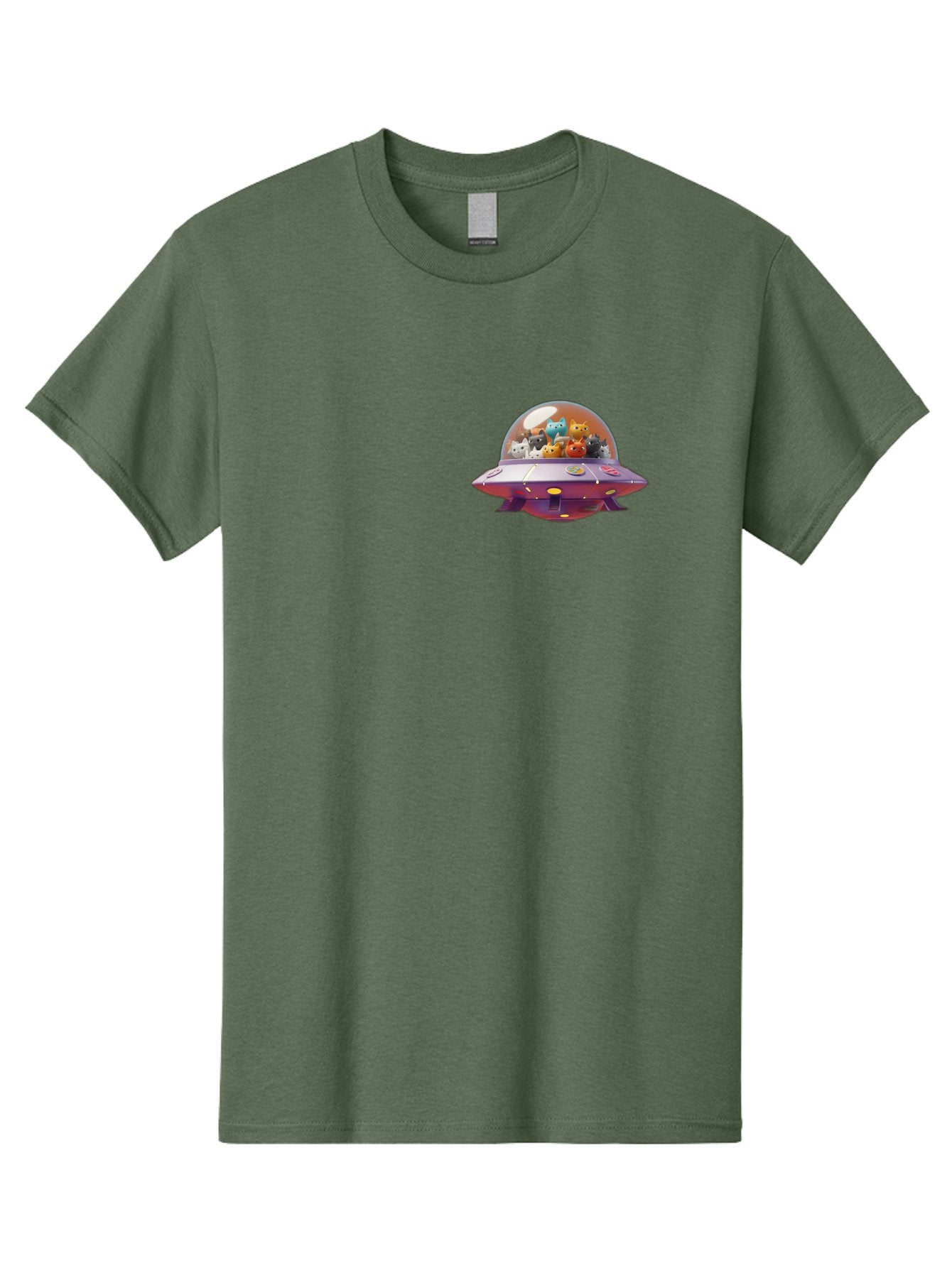 Ufo-With-Cats Men'S Graphic Tee, 100% Cotton, Comfortable Casual Summer Wear, Machine Washable, Ufo, Flying Saucer, Cartoon Style, Teddy Bears, Soft Toys, Purple Spaceship, Colorful, Adorable, Whimsical, Playful, Digital Art, Illustration, Bac537 10