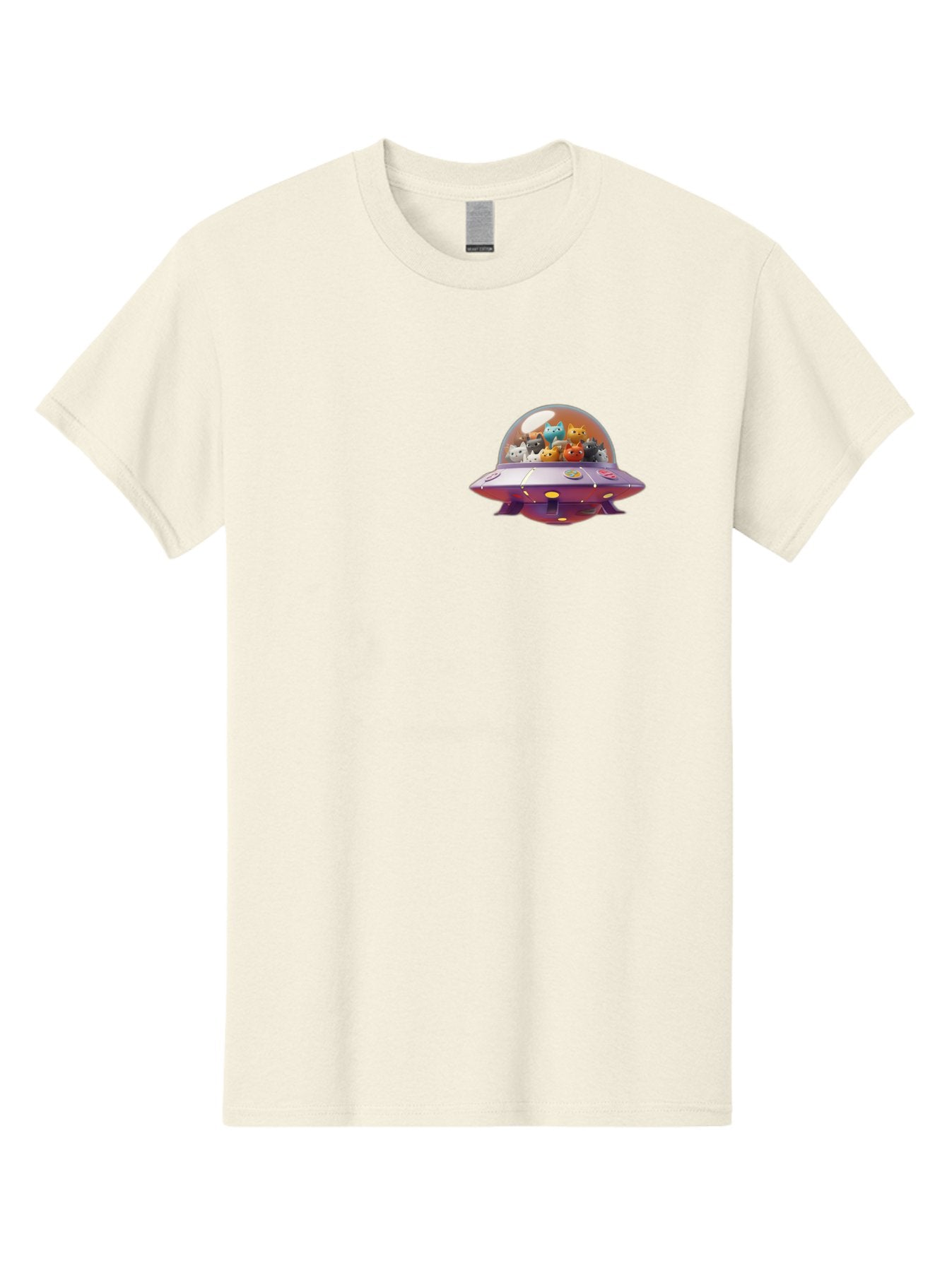 Ufo-With-Cats Men'S Graphic Tee, 100% Cotton, Comfortable Casual Summer Wear, Machine Washable, Ufo, Flying Saucer, Cartoon Style, Teddy Bears, Soft Toys, Purple Spaceship, Colorful, Adorable, Whimsical, Playful, Digital Art, Illustration, Bac537