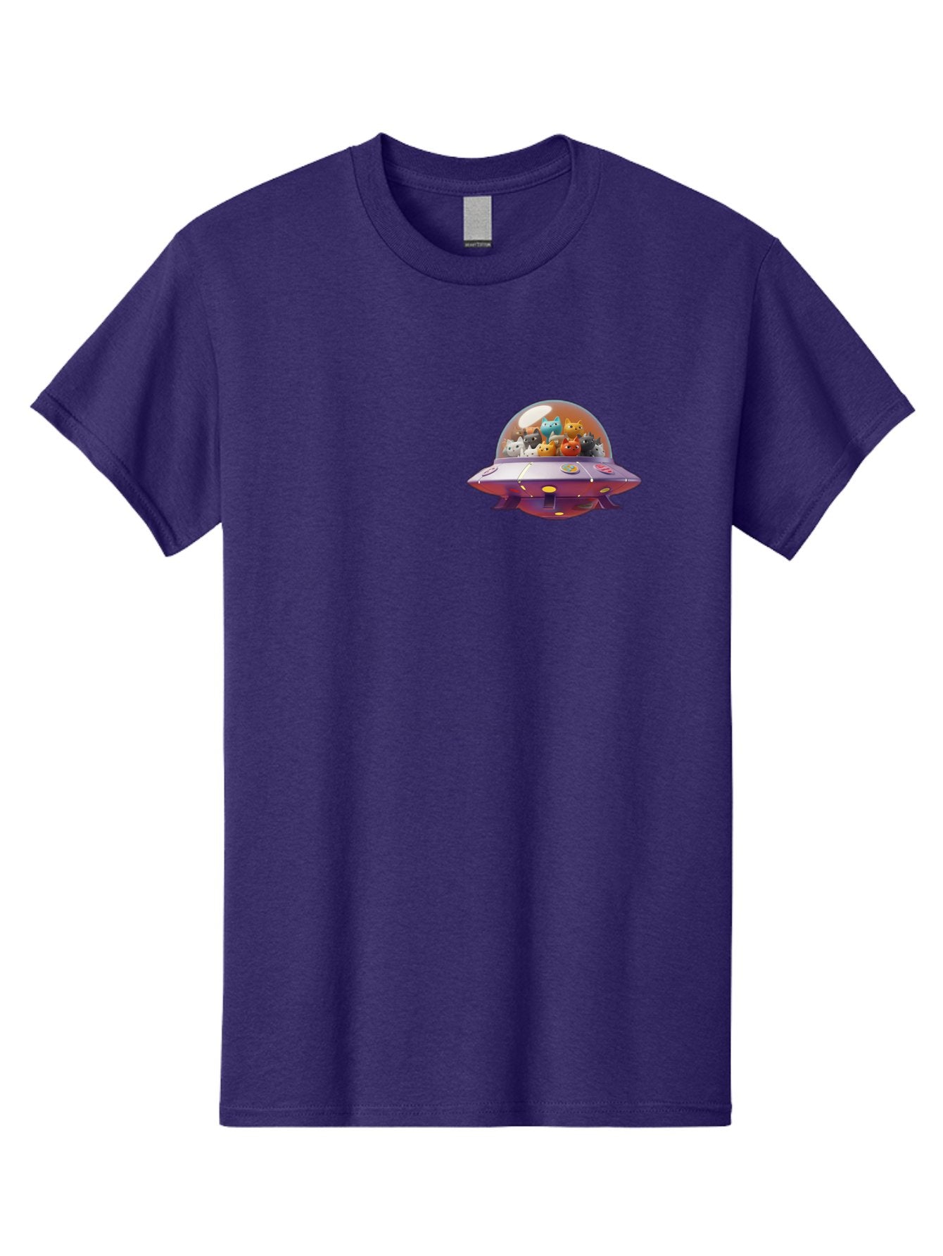 Ufo-With-Cats Men'S Graphic Tee, 100% Cotton, Comfortable Casual Summer Wear, Machine Washable, Ufo, Flying Saucer, Cartoon Style, Teddy Bears, Soft Toys, Purple Spaceship, Colorful, Adorable, Whimsical, Playful, Digital Art, Illustration, Bac537 12