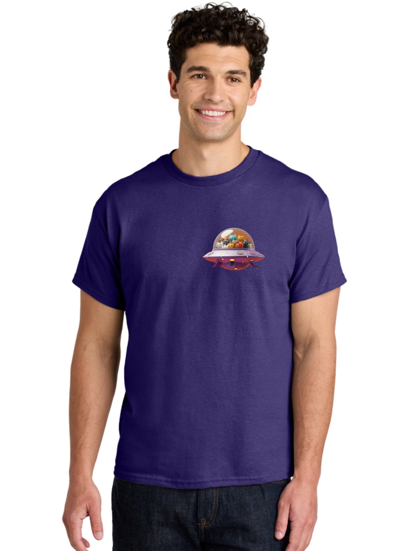 Ufo-With-Cats Men'S Graphic Tee, 100% Cotton, Comfortable Casual Summer Wear, Machine Washable, Ufo, Flying Saucer, Cartoon Style, Teddy Bears, Soft Toys, Purple Spaceship, Colorful, Adorable, Whimsical, Playful, Digital Art, Illustration, Bac537 28