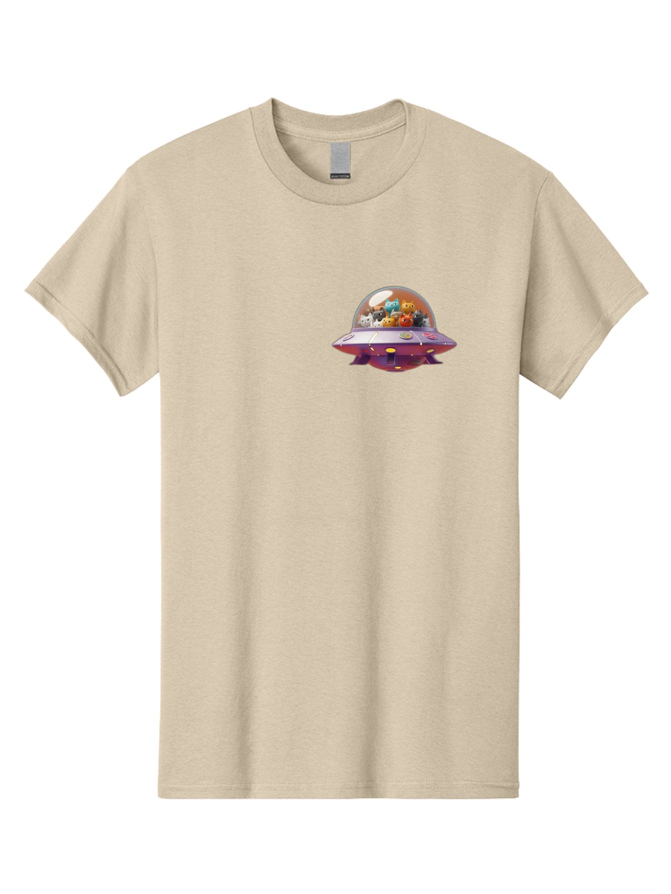 Ufo-With-Cats Men'S Graphic Tee, 100% Cotton, Comfortable Casual Summer Wear, Machine Washable, Ufo, Flying Saucer, Cartoon Style, Teddy Bears, Soft Toys, Purple Spaceship, Colorful, Adorable, Whimsical, Playful, Digital Art, Illustration, Bac537 7