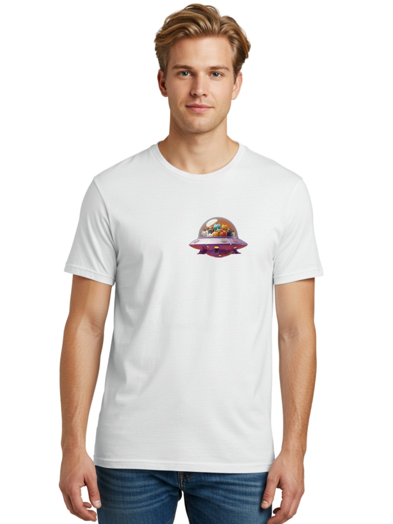 Ufo-With-Cats Men'S Graphic Tee, 100% Cotton, Comfortable Casual Summer Wear, Machine Washable, Ufo, Flying Saucer, Cartoon Style, Teddy Bears, Soft Toys, Purple Spaceship, Colorful, Adorable, Whimsical, Playful, Digital Art, Illustration, Bac537 20