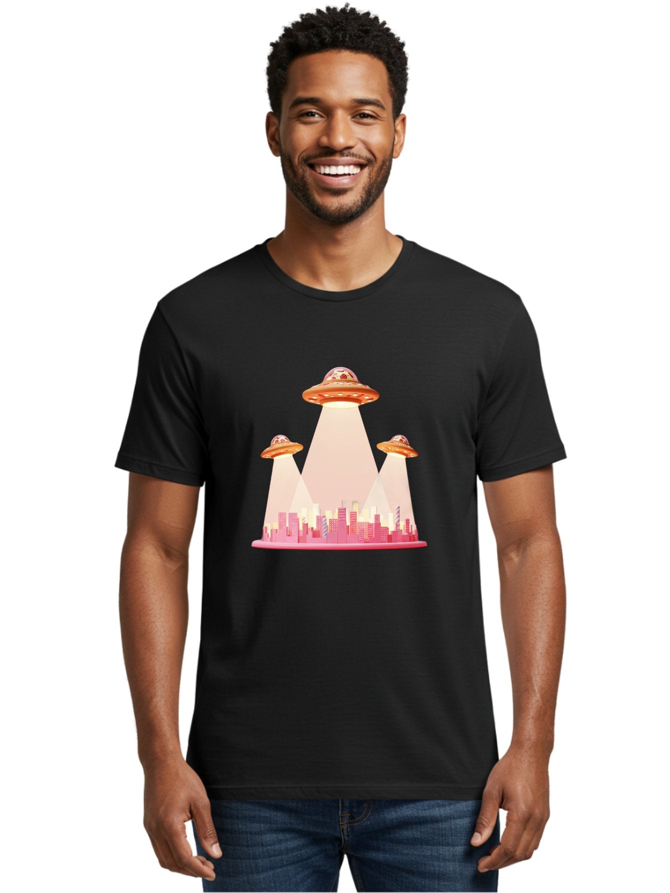 Ufos-1 Men'S Graphic Tee, 100% Cotton, Comfortable Casual Summer Wear, Machine Washable, Ufos Hovering Over City, Alien Invasion, Science Fiction, Futuristic Landscape, Urban Scenery, Extraterrestrial Life, Flying Saucers, Cityscape, Bac538 25