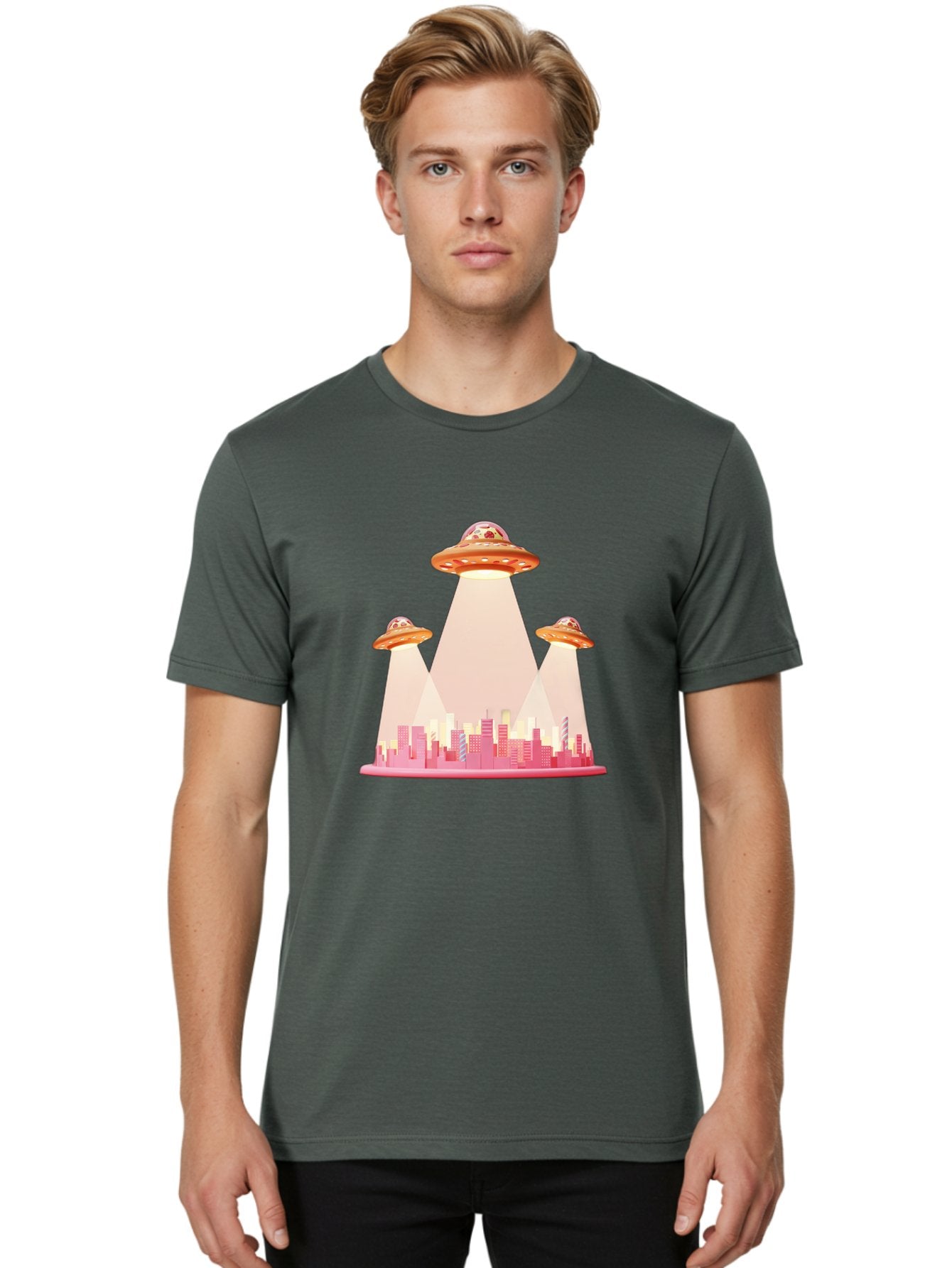 Ufos-1 Men'S Graphic Tee, 100% Cotton, Comfortable Casual Summer Wear, Machine Washable, Ufos Hovering Over City, Alien Invasion, Science Fiction, Futuristic Landscape, Urban Scenery, Extraterrestrial Life, Flying Saucers, Cityscape, Bac538 20