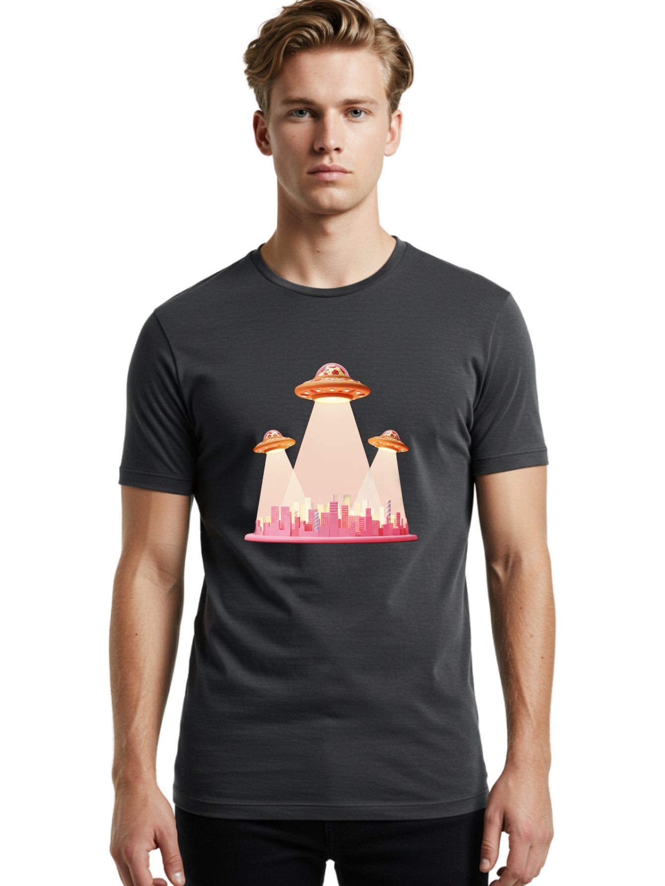Ufos-1 Men'S Graphic Tee, 100% Cotton, Comfortable Casual Summer Wear, Machine Washable, Ufos Hovering Over City, Alien Invasion, Science Fiction, Futuristic Landscape, Urban Scenery, Extraterrestrial Life, Flying Saucers, Cityscape, Bac538 30