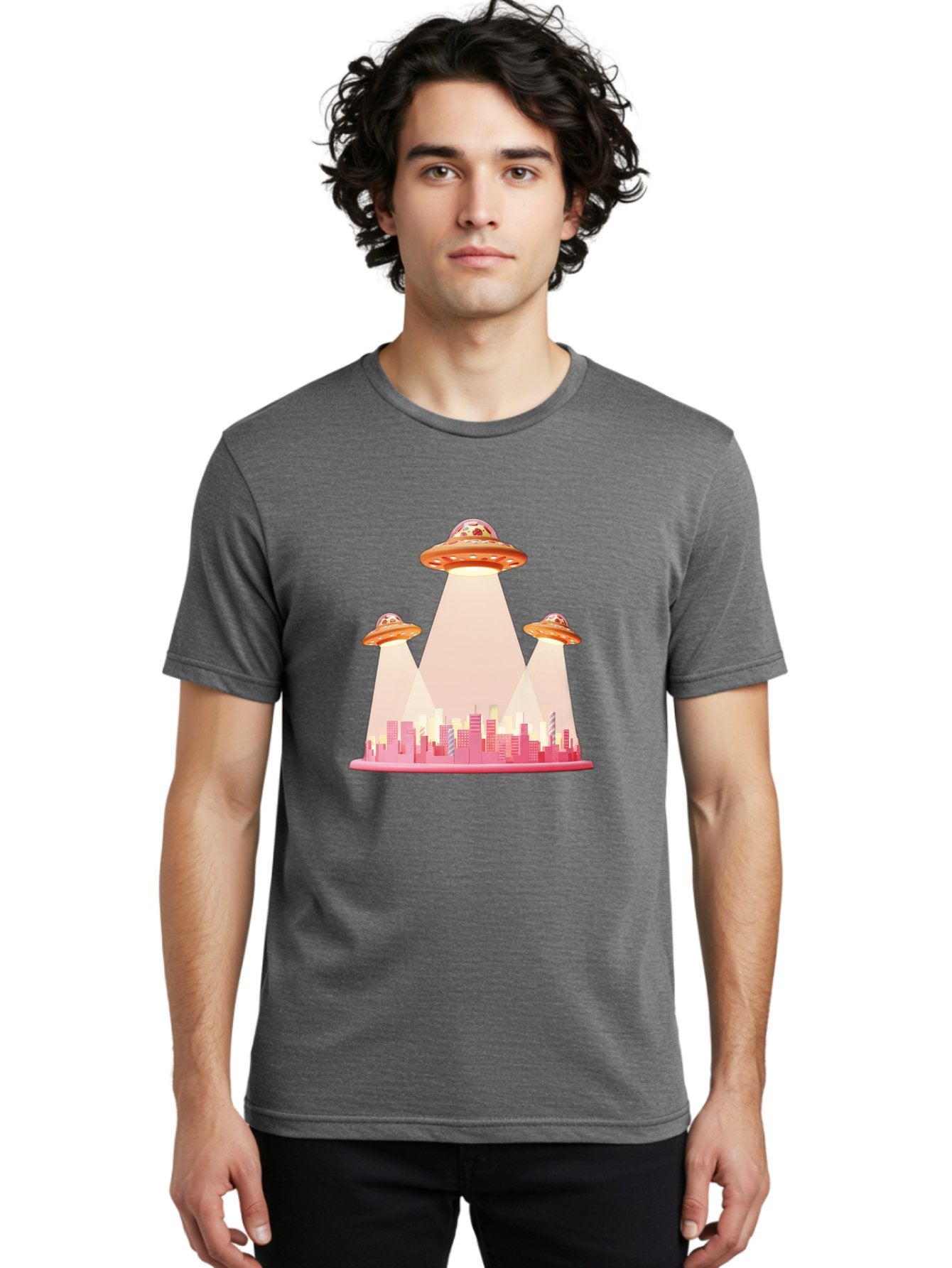 Ufos-1 Men'S Graphic Tee, 100% Cotton, Comfortable Casual Summer Wear, Machine Washable, Ufos Hovering Over City, Alien Invasion, Science Fiction, Futuristic Landscape, Urban Scenery, Extraterrestrial Life, Flying Saucers, Cityscape, Bac538 19