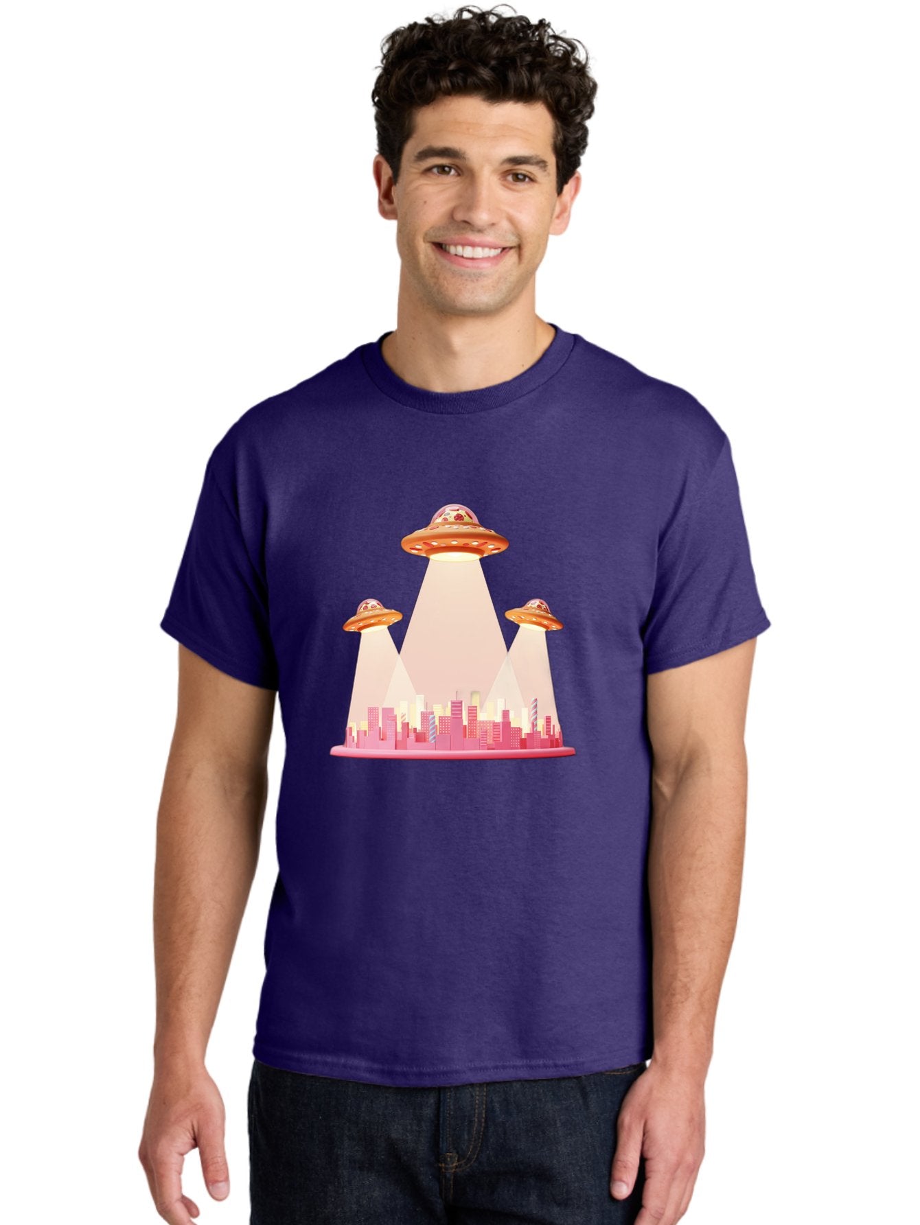 Ufos-1 Men'S Graphic Tee, 100% Cotton, Comfortable Casual Summer Wear, Machine Washable, Ufos Hovering Over City, Alien Invasion, Science Fiction, Futuristic Landscape, Urban Scenery, Extraterrestrial Life, Flying Saucers, Cityscape, Bac538 16