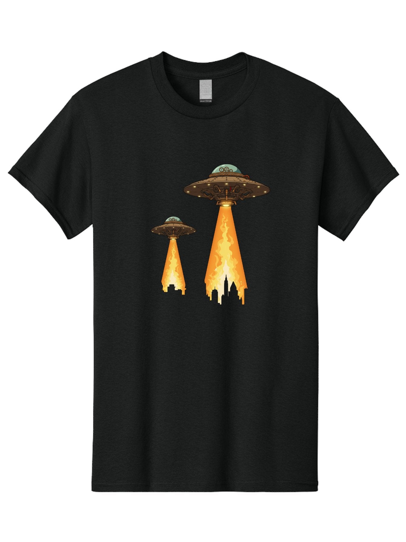 Ufos-Over-City-1 Men'S Graphic Tee, 100% Cotton, Comfortable Casual Summer Wear, Machine Washable, Ufos Hovering Over City, Flying Saucers, Alien Invasion, Extraterrestrial Life, Science Fiction, Futuristic, Cityscape, Mysterious Atmosphere, Bac539 6
