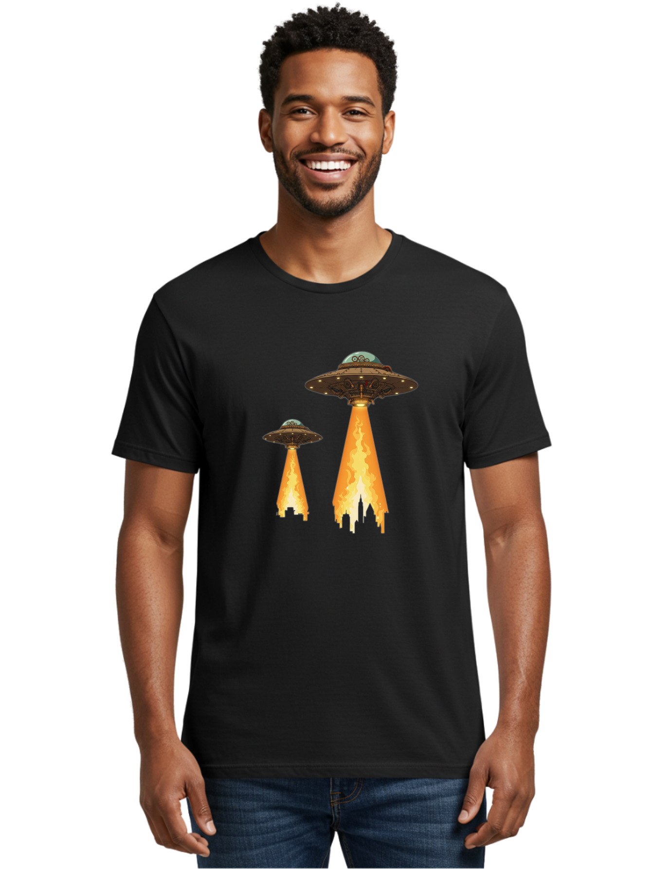 Ufos-Over-City-1 Men'S Graphic Tee, 100% Cotton, Comfortable Casual Summer Wear, Machine Washable, Ufos Hovering Over City, Flying Saucers, Alien Invasion, Extraterrestrial Life, Science Fiction, Futuristic, Cityscape, Mysterious Atmosphere, Bac539 22
