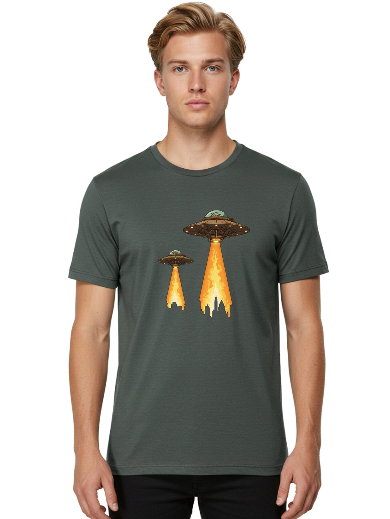 Ufos-Over-City-1 Men'S Graphic Tee, 100% Cotton, Comfortable Casual Summer Wear, Machine Washable, Ufos Hovering Over City, Flying Saucers, Alien Invasion, Extraterrestrial Life, Science Fiction, Futuristic, Cityscape, Mysterious Atmosphere, Bac539 29