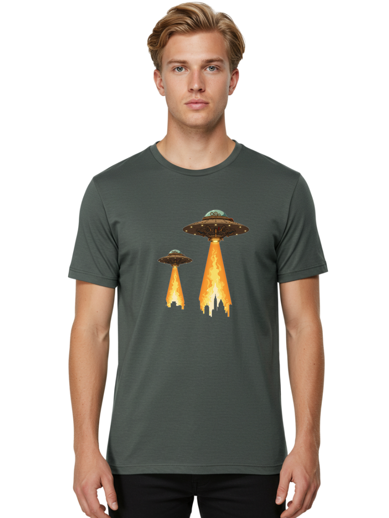 Ufos-Over-City-1 Men'S Graphic Tee, 100% Cotton, Comfortable Casual Summer Wear, Machine Washable, Ufos Hovering Over City, Flying Saucers, Alien Invasion, Extraterrestrial Life, Science Fiction, Futuristic, Cityscape, Mysterious Atmosphere, Bac539 17