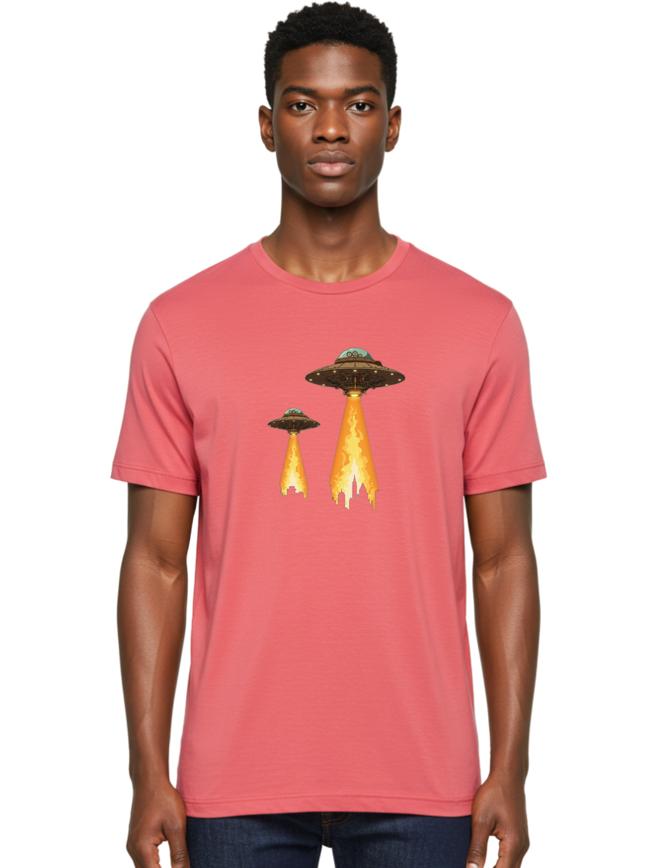 Ufos-Over-City-1 Men'S Graphic Tee, 100% Cotton, Comfortable Casual Summer Wear, Machine Washable, Ufos Hovering Over City, Flying Saucers, Alien Invasion, Extraterrestrial Life, Science Fiction, Futuristic, Cityscape, Mysterious Atmosphere, Bac539 27