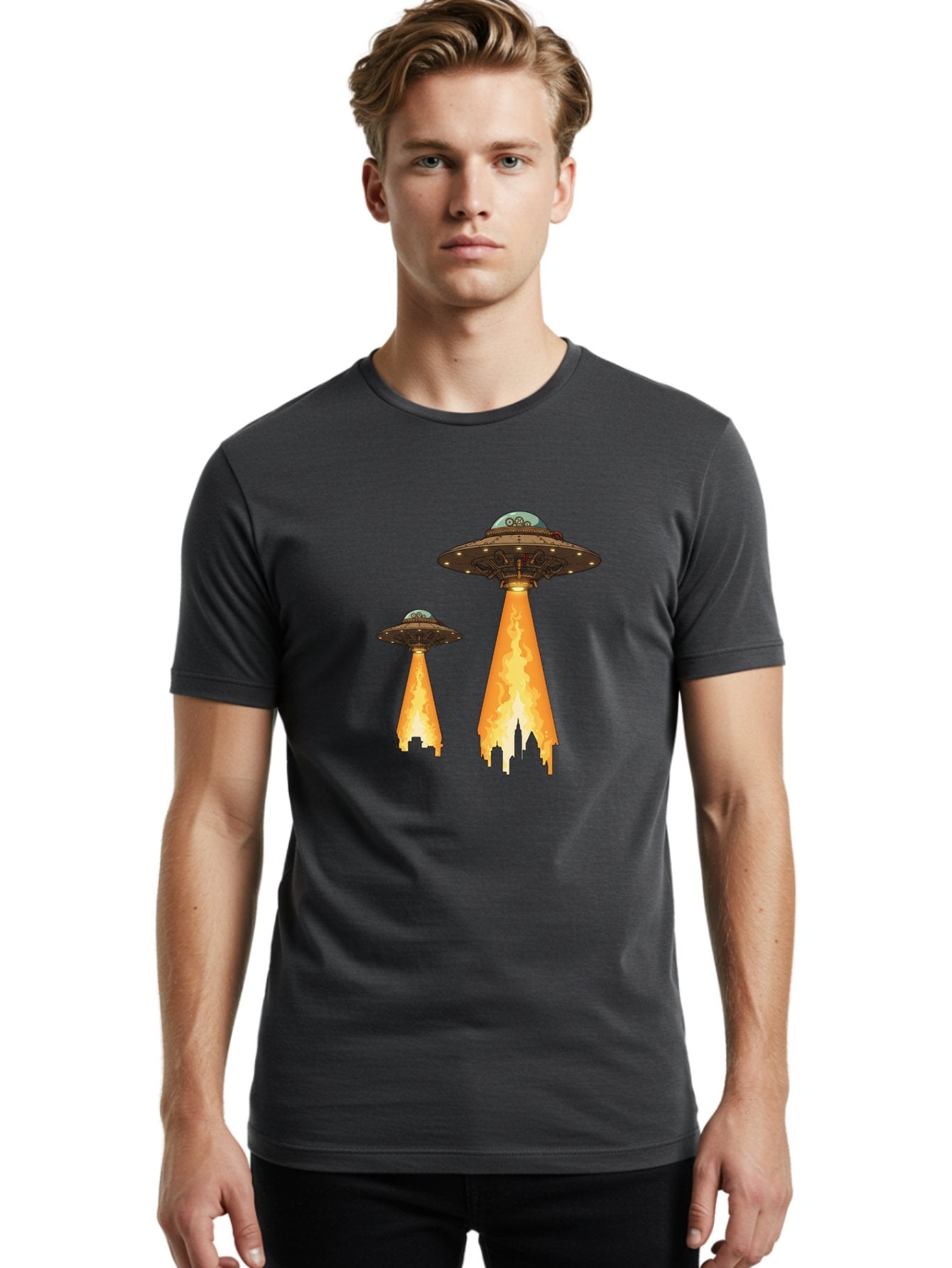 Ufos-Over-City-1 Men'S Graphic Tee, 100% Cotton, Comfortable Casual Summer Wear, Machine Washable, Ufos Hovering Over City, Flying Saucers, Alien Invasion, Extraterrestrial Life, Science Fiction, Futuristic, Cityscape, Mysterious Atmosphere, Bac539 19
