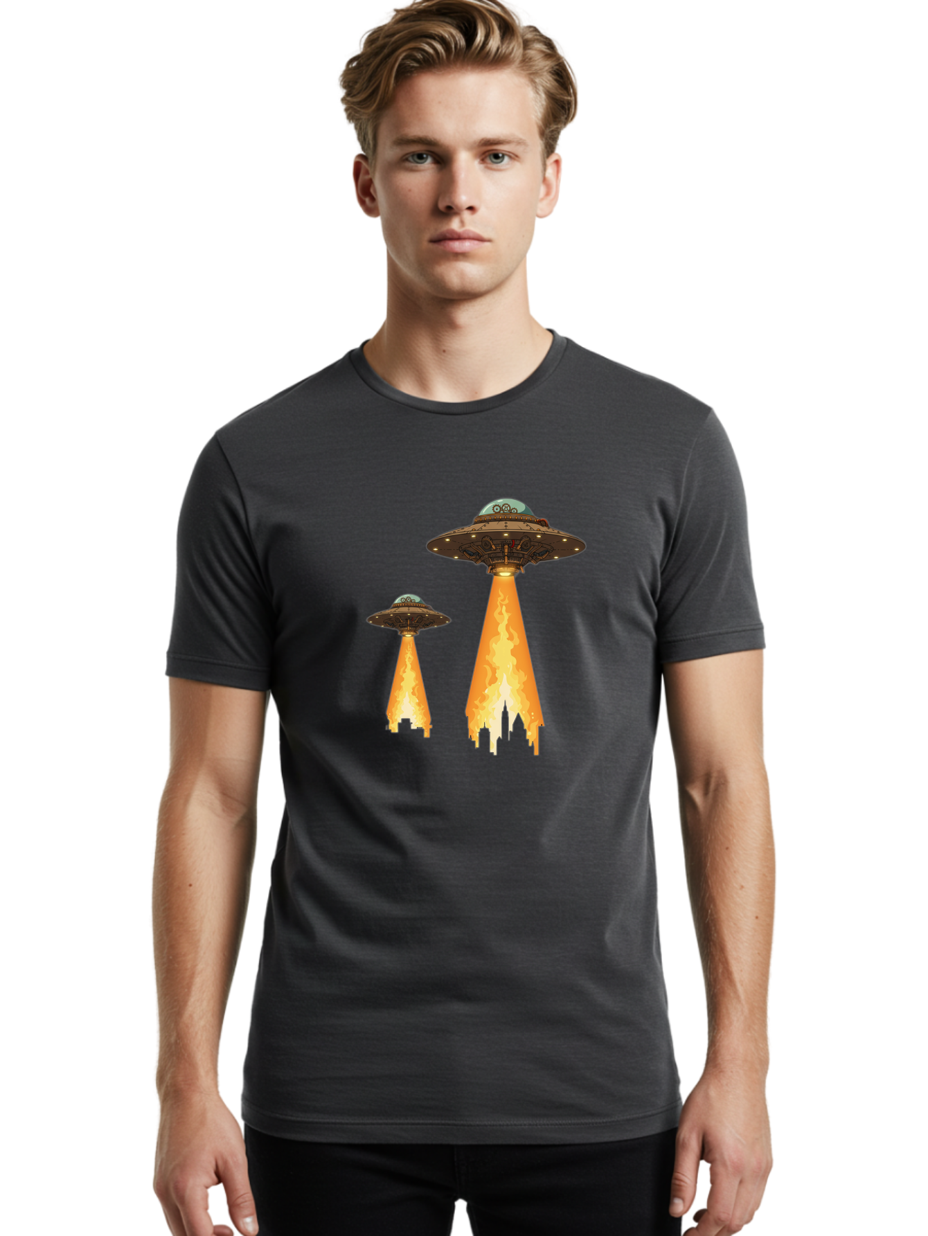 Ufos-Over-City-1 Men'S Graphic Tee, 100% Cotton, Comfortable Casual Summer Wear, Machine Washable, Ufos Hovering Over City, Flying Saucers, Alien Invasion, Extraterrestrial Life, Science Fiction, Futuristic, Cityscape, Mysterious Atmosphere, Bac539 26