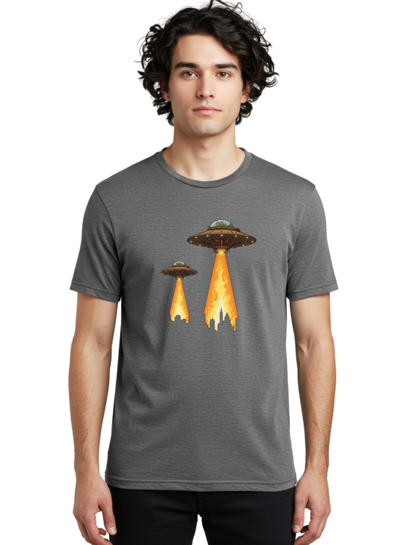 Ufos-Over-City-1 Men'S Graphic Tee, 100% Cotton, Comfortable Casual Summer Wear, Machine Washable, Ufos Hovering Over City, Flying Saucers, Alien Invasion, Extraterrestrial Life, Science Fiction, Futuristic, Cityscape, Mysterious Atmosphere, Bac539 26