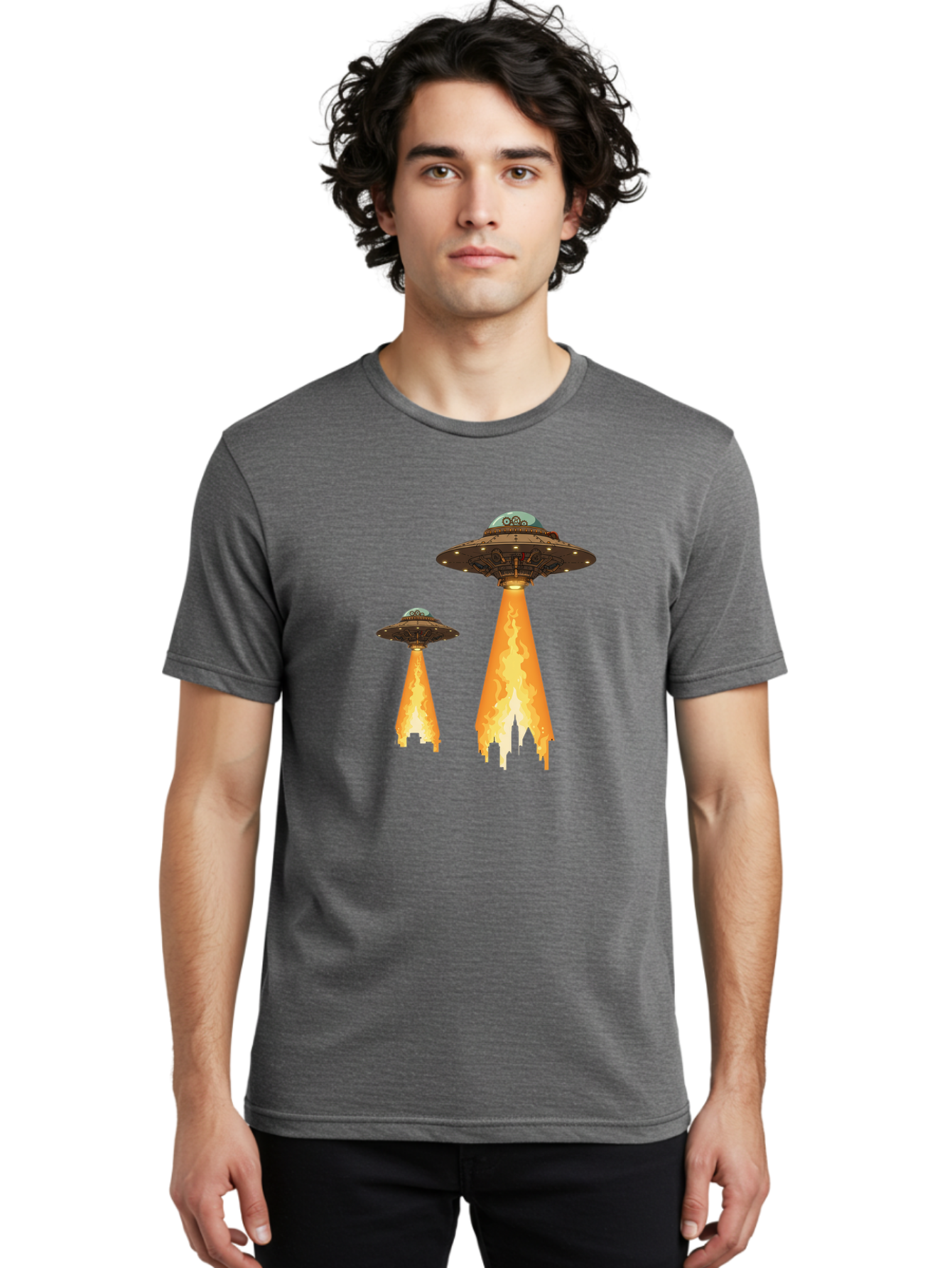 Ufos-Over-City-1 Men'S Graphic Tee, 100% Cotton, Comfortable Casual Summer Wear, Machine Washable, Ufos Hovering Over City, Flying Saucers, Alien Invasion, Extraterrestrial Life, Science Fiction, Futuristic, Cityscape, Mysterious Atmosphere, Bac539 20